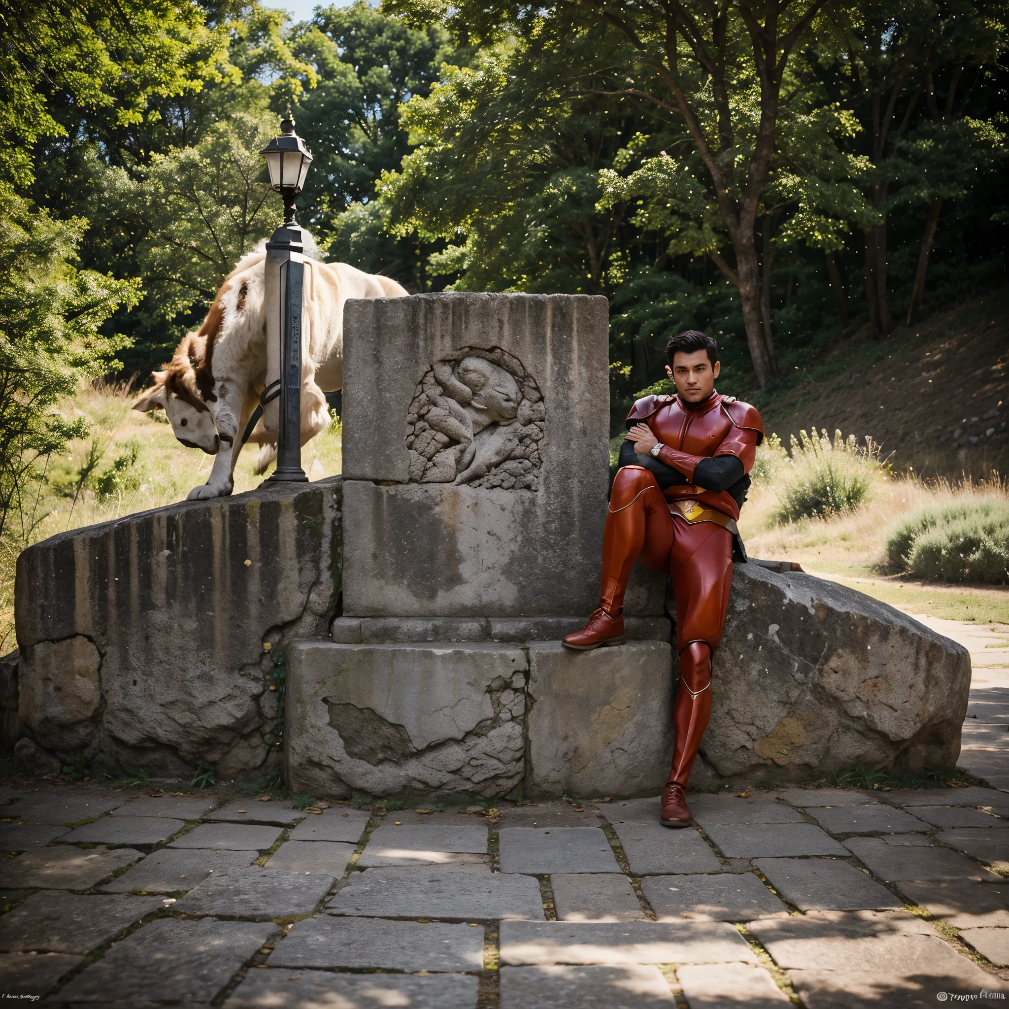 Hero with one leg on the ground and the other on the stone, usando capa e a capa voando com o vento, the hero is on the side posing