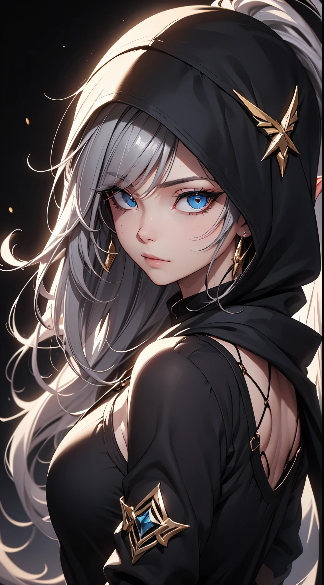 White elf girl, dark grey hair color, very long flowing hair, grey eye color, small eyes, round eye shape, eyeliner, realistic face shape. black shirt, portrait, wearing a black hood, black background, Depth of Field. looking at camera, dreamy look detailed eyes, detailed face, detailed skin, Ultra Detailed, Beautiful and Aesthetic, Masterpiece, Best Quality, shoulders showing. fish net fabric accents, round chin shape. wearing black hood over hair. showing full upper body and face. wearing a black hood, alot of flairs in background, zoomed out, black and gold. glowing,