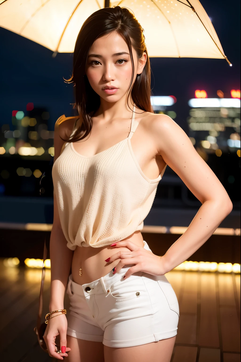 8K, table top, Raw photo, highest quality, realistic, Highly detailed CG Unity 8K wallpaper, written boundary depth, cinematic light, Lens flare, ray tracing, (very beautiful face, beautiful lips, beautiful eyes), face with intricate details, ((super dense skin)) 1 girl, in the dark, deep shadow, cute korean girl, Flashy makeup with red eyeshadow，her shortcut, Delicate light brown hair is slightly disheveled with side waves.，wearing large ring earrings，K-POPアイドル, 1 girl, (very slim and slender fit muscular body:1.3), ((looking at the viewer)),(big smile:1.3),  (sleeve fashion city night, accuracy of hands，dark night, (neon sign), (blurred background), fashion street night),(no people in the background:1.3), beautiful earrings, bracelet, necklace, pantyhose, clear eyes, walk, (white skin), (big eye ace forward, ((upper body shot)), ((super mini color silk dress:1.3)),(brown hair),((tight fit lace dress)), (See through), open chest, very slim, medium breasts, go back,((buckshot)), See through, Middle butt, Ultra Super Mini Skirt, up hair, wearing black high heels，flip up the skirt、No panties、Bare pussy