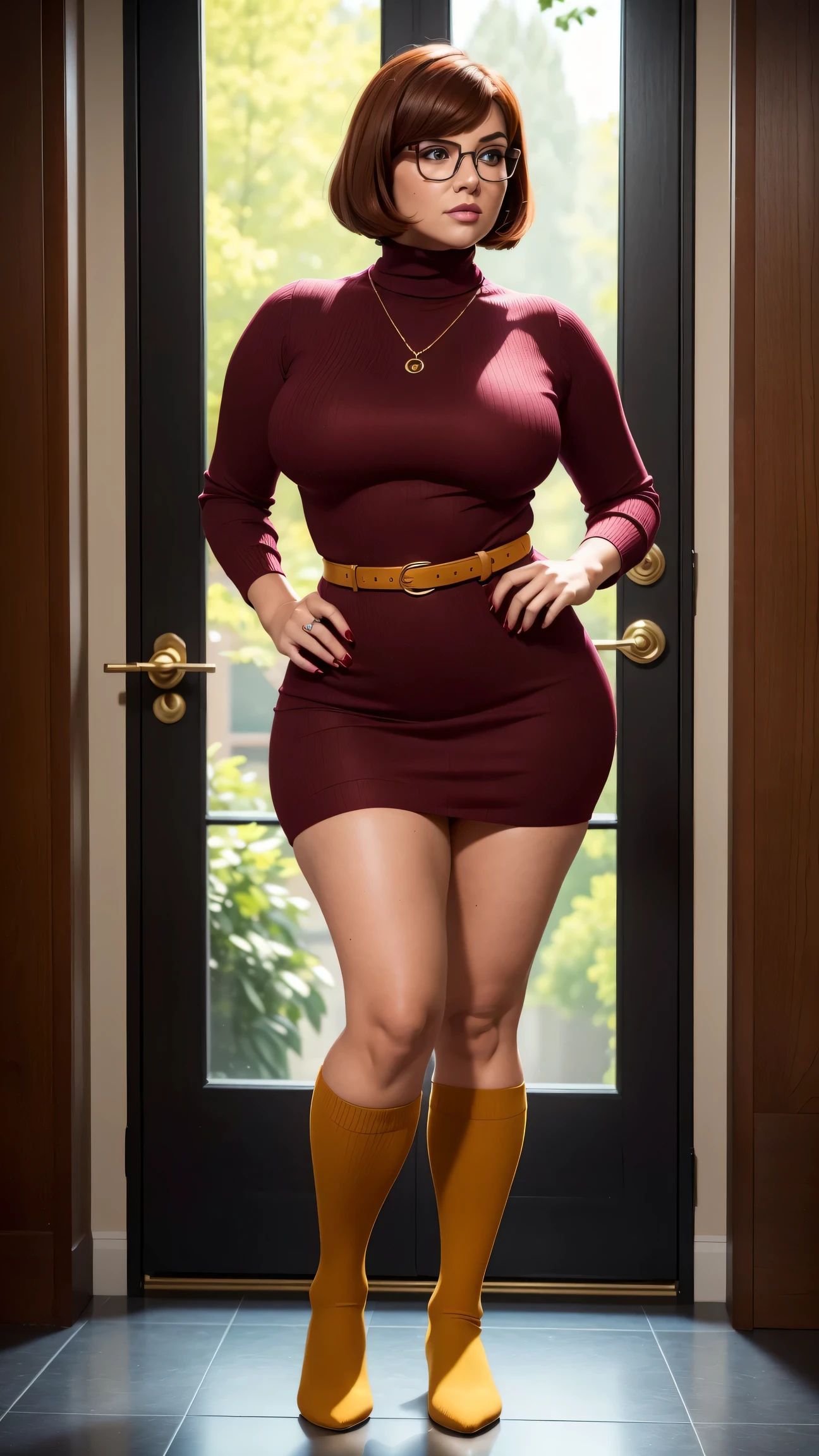 ((masterpiece, best quality, ultra-detailed, ultra-HD, photorealistic, cinematic)), (wide camera shot, full body view:1.5), (sensual pose, standing), (alluring and voluptuous female as Velma Dinkley:1.2), perfect anatomy, perfect face, proportioned hands, (deep shade of auburn with a slight natural wave hair color, chin-length bob with blunt bangs hairstyle:1.3), (retro-chic style outfit, knee-length and maroon turtleneck dress:1.2), (a matching maroon belt that cinches at her waist:1.2), (thick-framed black square glasses), (wears knee-high, mustard-yellow socks that peek out just above her brown, sensible lace-up shoes), (sports a delicate, gold pendant necklace), (vibrant orange cardigan slung over her shoulders), ((dynamic background))