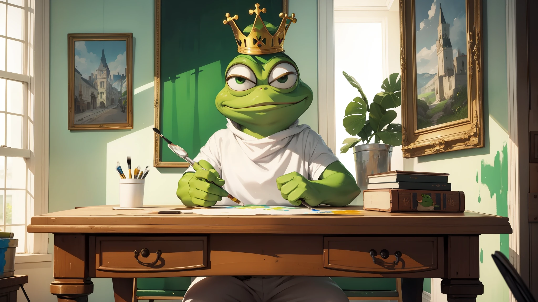 Pepe the Frog wearing a crown, he is sitting in a chair, with white clothes, painting a board, there is painters in the desk and he is a painter