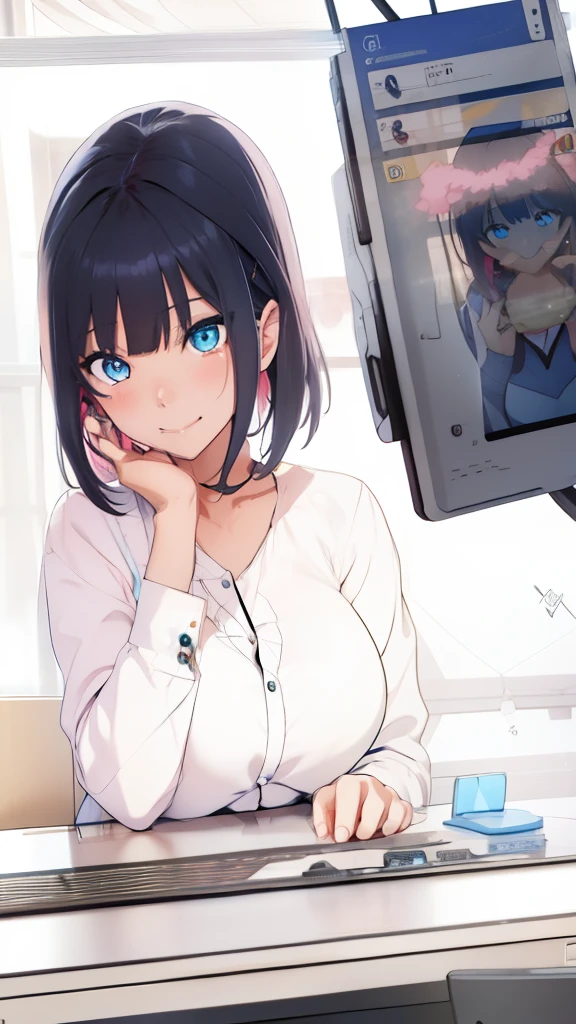 someone else&#39;s hand holding a mobile phone、Anime girl with blue eyes sitting at the desk in front of me, ; visual novel, visual novel cg, a hyperrealistic , anime moe art style, Sex, Sex anime style, a teasing smile, Hololive, seductive anime girl, realistic , visual novel, (software) safe for work, Sex style, digital manga、(POV)