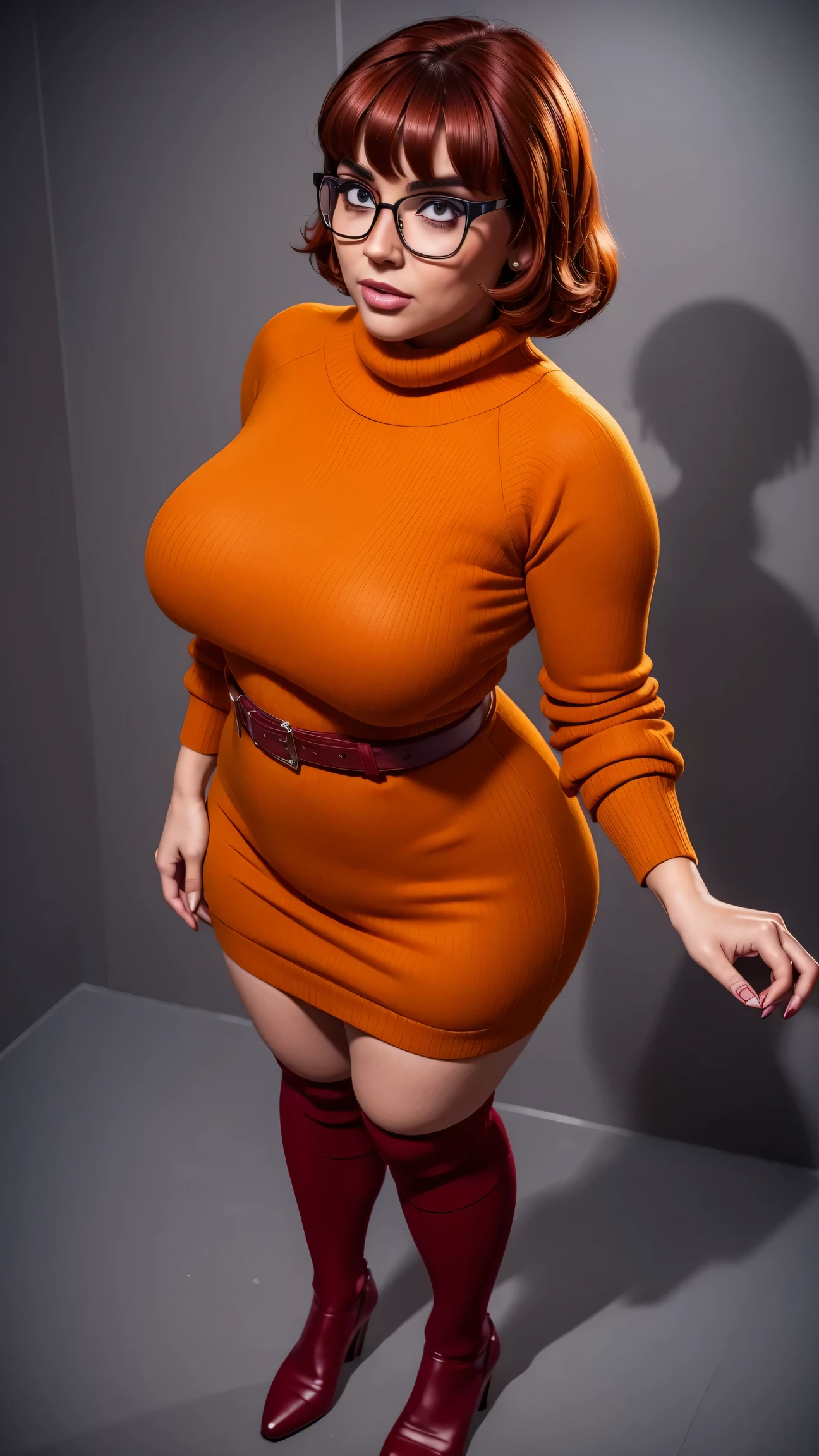 ((masterpiece, best quality, ultra-detailed, ultra-HD, photorealistic, cinematic)), (wide camera shot, full body view:1.5), (sensual pose, standing), (alluring and voluptuous female as Velma Dinkley:1.2), perfect anatomy, perfect face, proportioned hands, (deep shade of auburn with a slight natural wave hair color, chin-length bob with blunt bangs hairstyle:1.3), (retro-chic style outfit, knee-length and maroon turtleneck dress:1.2), (a matching maroon belt that cinches at her waist:1.2), (thick-framed black square glasses), (wears knee-high, mustard-yellow socks that peek out just above her brown, sensible lace-up shoes), (sports a delicate, gold pendant necklace), (vibrant orange cardigan slung over her shoulders), ((dynamic background))