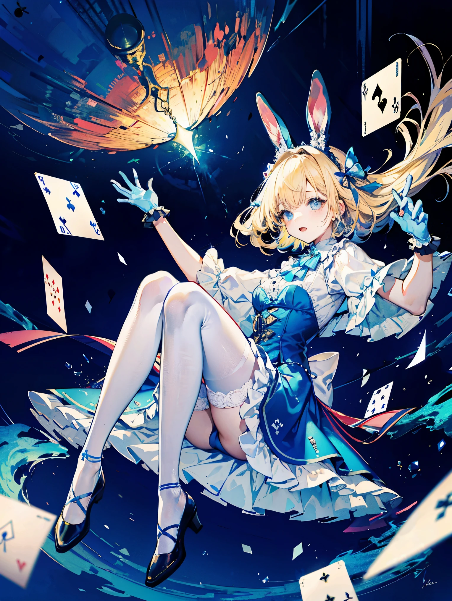(beautiful and fine eyes), movie lighting, gray hair, blue eyes, long blonde hair, curly hair, roman curl, puff sleeves, frills, shining eyes, (irradiated particles), cloudyラッパー, alice in wonderland, blue eyes, light blue dress, cane, dramatic composition, extreme detail, High resolution, Mr.. Rabbit, White Rabbit, pocket watch, playing cards flying in the air, lolita dress, blue and white striped stockings, bow, look at the camera, Socks with frills, pearl necklace, lace gloves, Large bow Headdress, ribbon, jumping, fall, float, cloudy, Starry, dream-like