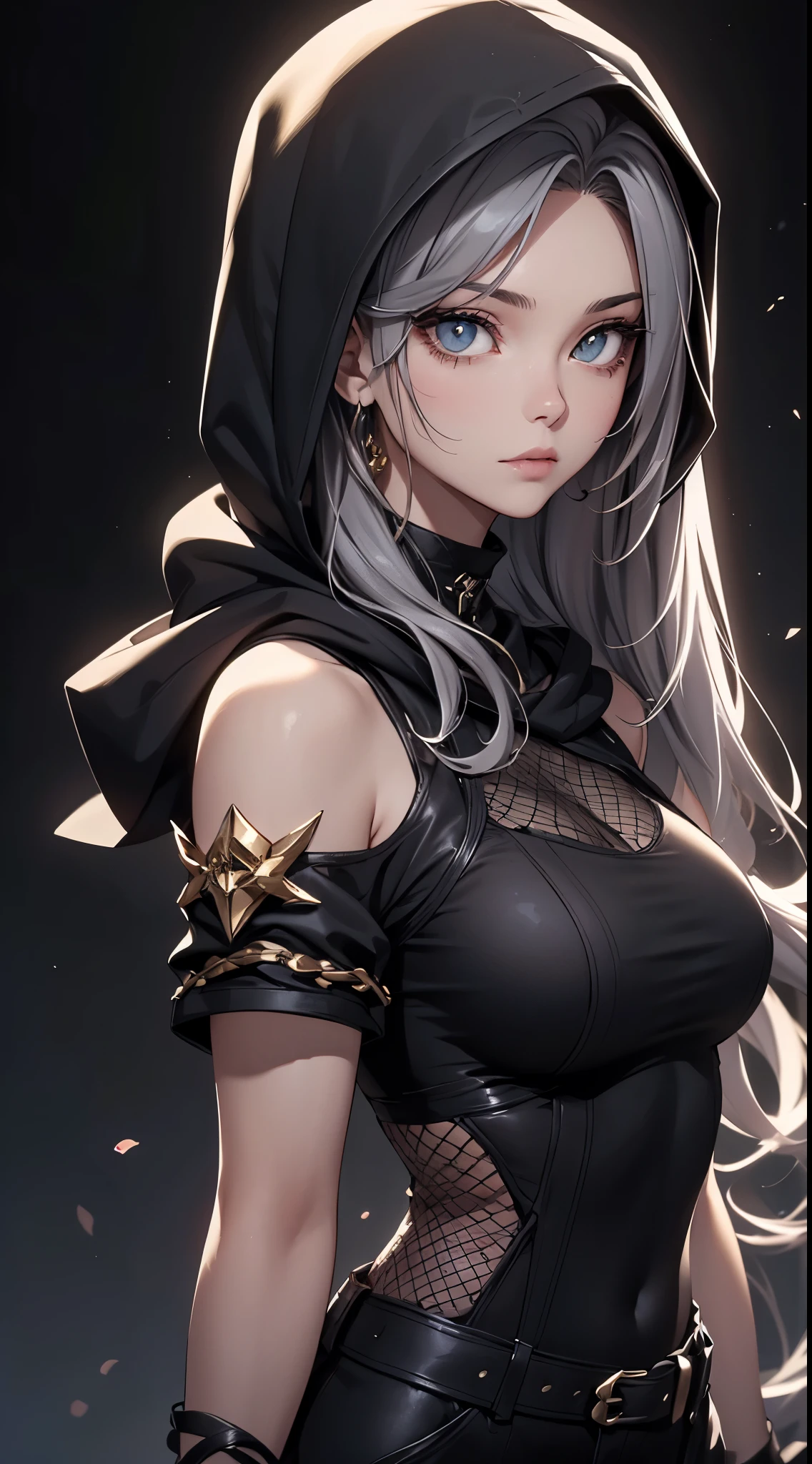 White elf girl, dark grey hair color, very long flowing hair, grey eye color, small eyes, round eye shape, eyeliner, realistic face shape. black fish net shirt, portrait, wearing a black hood, black background, Depth of Field. looking at camera, dreamy look detailed eyes, detailed face, detailed skin, Ultra Detailed, Beautiful and Aesthetic, Masterpiece, Best Quality, shoulders showing. fish net fabric accents, round chin shape. wearing black hood over hair. showing full upper body and face. wearing a black hood, alot of flairs in background, zoomed out, black and gold. glowing,