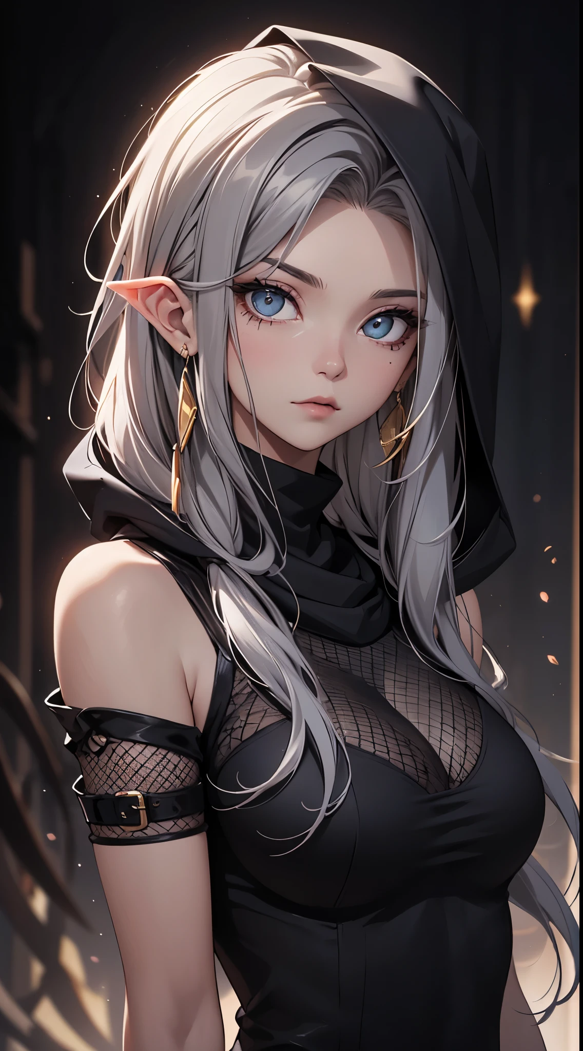 White elf girl, dark grey hair color, very long flowing hair, grey eye color, small eyes, round eye shape, eyeliner, realistic face shape. black fish net shirt, portrait, wearing a black hood, black background, Depth of Field. looking at camera, dreamy look detailed eyes, detailed face, detailed skin, Ultra Detailed, Beautiful and Aesthetic, Masterpiece, Best Quality, shoulders showing. fish net fabric accents, round chin shape. wearing black hood over hair. showing full upper body and face. wearing a black hood, alot of flairs in background, zoomed out, black and gold. glowing,