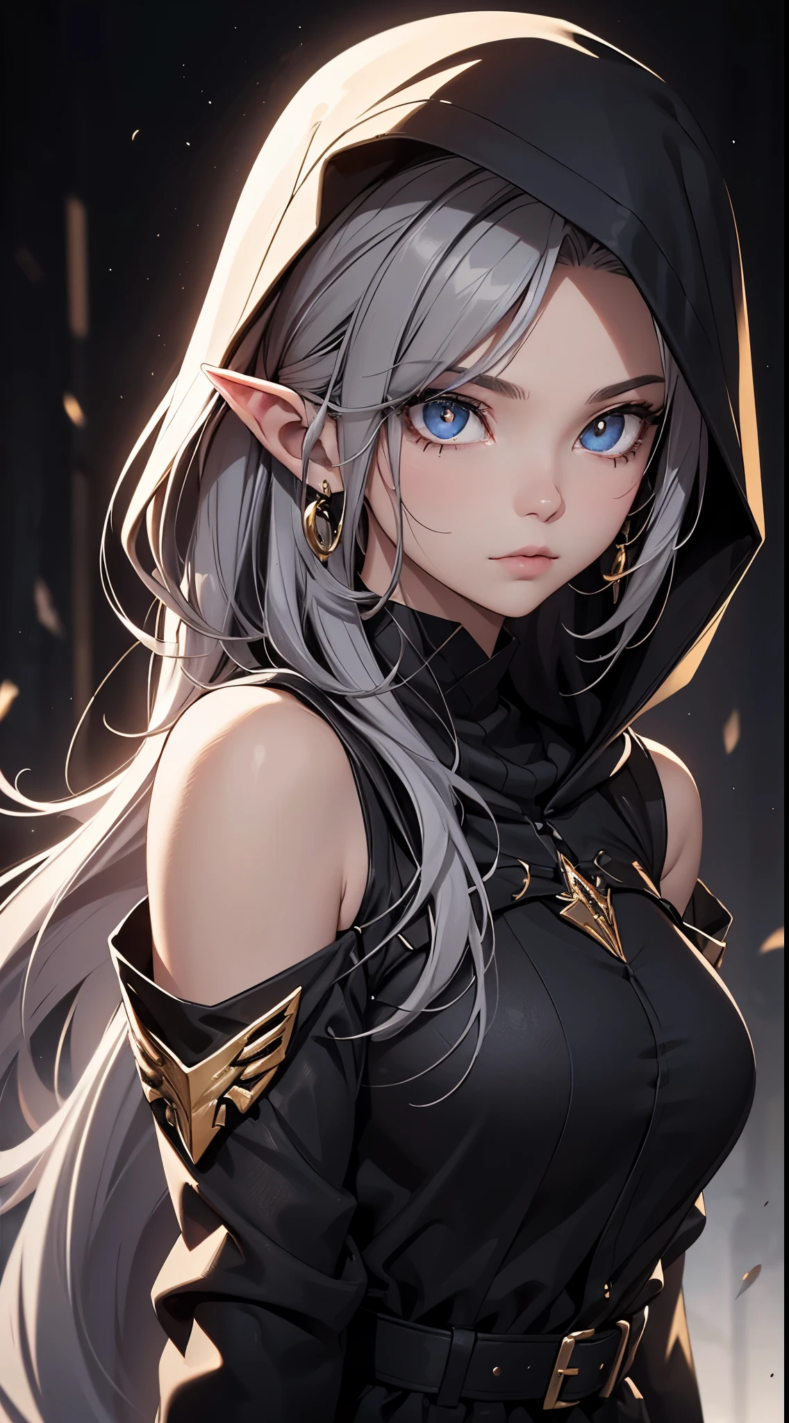 White elf girl, dark grey hair color, very long flowing hair, grey eye color, small eyes, round eye shape, eyeliner, realistic face shape. black fish net shirt, portrait, wearing a black hood, black background, Depth of Field. looking at camera, dreamy look detailed eyes, detailed face, detailed skin, Ultra Detailed, Beautiful and Aesthetic, Masterpiece, Best Quality, shoulders showing. fish net fabric accents, round chin shape. wearing black hood over hair. showing full upper body and face. wearing a black hood, alot of flairs in background, zoomed out, black and gold. glowing,