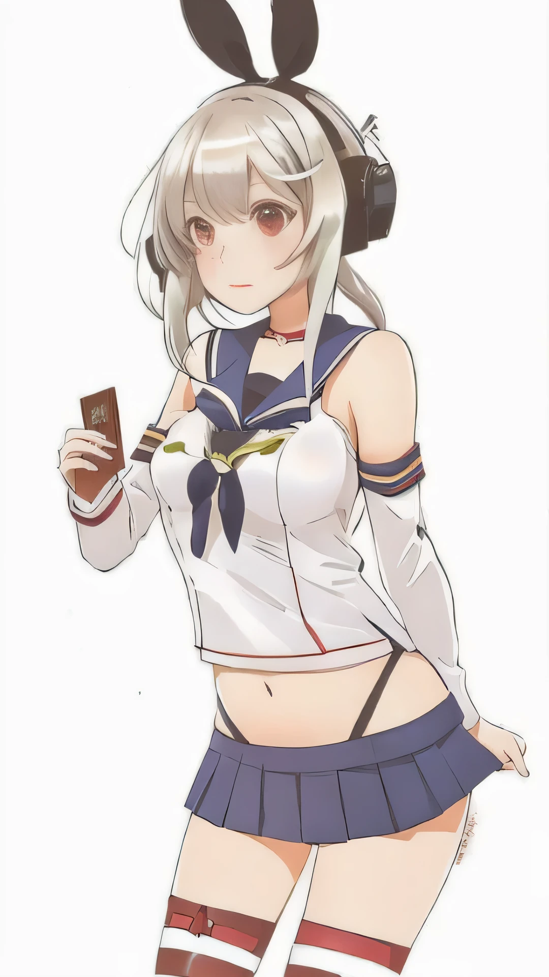 a drawing of a woman in a uniform holding a chocolate bar, kantai collection style, marin kitagawa fanart,  ,  anime style, from the azur lane videogame, , seductive anime girl, with index finger, rei hiroe, sailor uniform,  style, hajime yatate, marisa kirisame