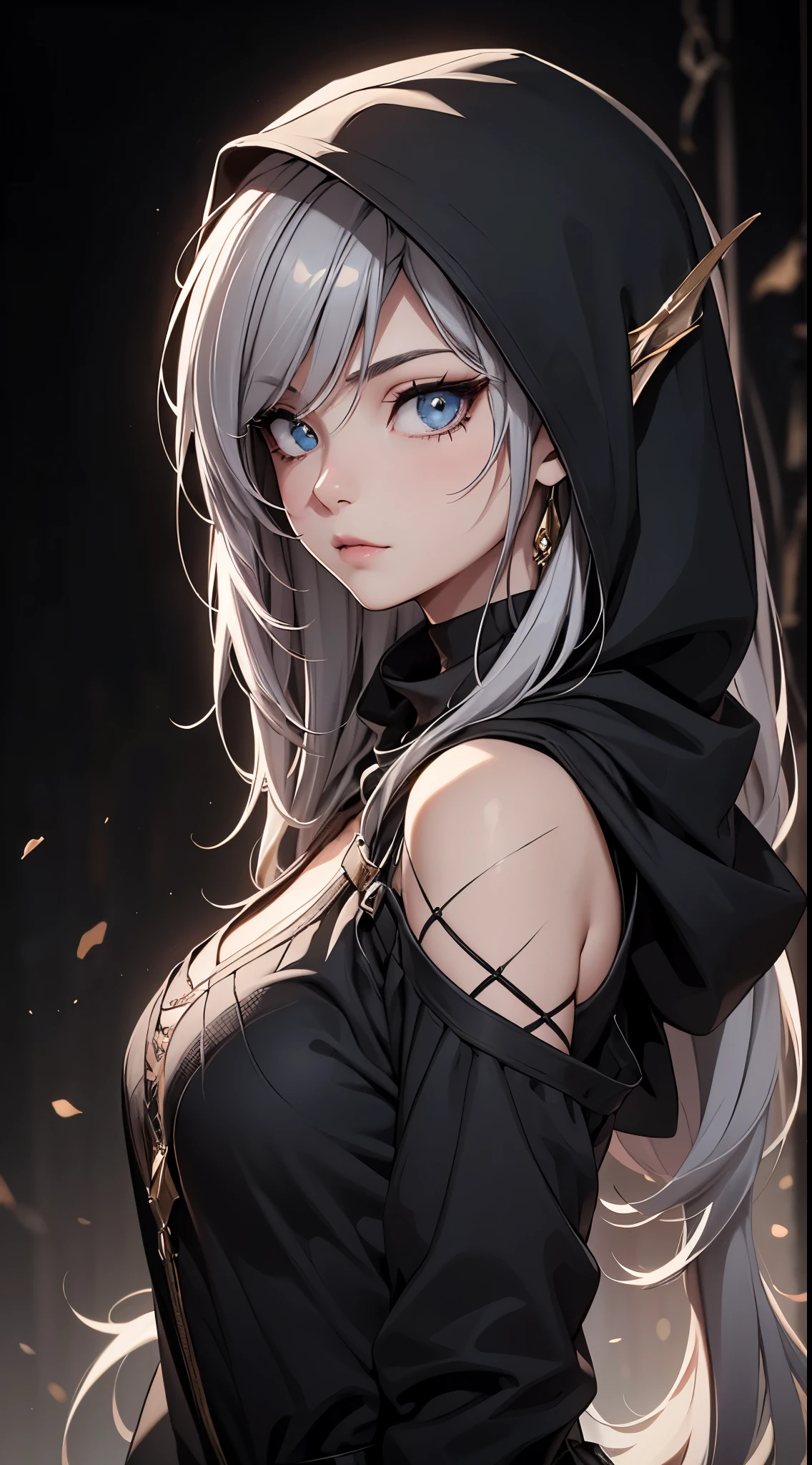 White elf girl, dark grey hair color, very long flowing hair, grey eye color, small eyes, round eye shape, eyeliner, realistic face shape. black fish net shirt, portrait, wearing a black hood, black background, Depth of Field. looking at camera, dreamy look detailed eyes, detailed face, detailed skin, Ultra Detailed, Beautiful and Aesthetic, Masterpiece, Best Quality, shoulders showing. fish net fabric accents, round chin shape. wearing black hood over hair. showing full upper body and face. wearing a black hood, alot of flairs in background, zoomed out, black and gold. glowing,