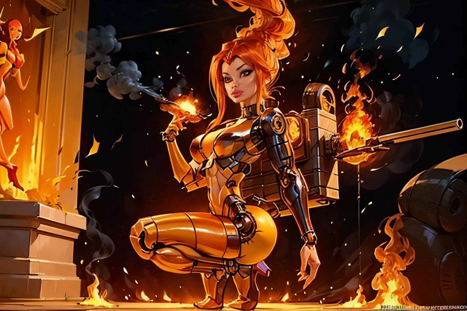 ((Ass view:1.3)), ((squatting:1.4)), turning head looking to viewer, ((fire hair)), (hair made of fire), ((white sclera)), There is a fire woman in a robot suit ((posing next to an futuristic Roman building)), ((integrated jet pack)), ((bulky jet pack:1.3)), Beautiful orange girl half cyborg, Cute cyborg girl, Beautiful girl cyborg, (aletta ocean face), (puffy lips), Perfect Robot Girl, Cyborg girl, (ass air bags), intricate details on ass, fire head, ((orange skin:1.4)), Young cyborg lady, (ass cleavage), Beautiful Female Robot, ((cybernetic abs:1.2)), ((orange skin)), intricate holes on ass, Beautiful orange robot woman, orange cyborg girl, perfect fire cyborg female, ((orange fire cyborg)), Female robot, Beautiful cyborg images, (cinematic lighting), red and orange aesthetic, small blue details