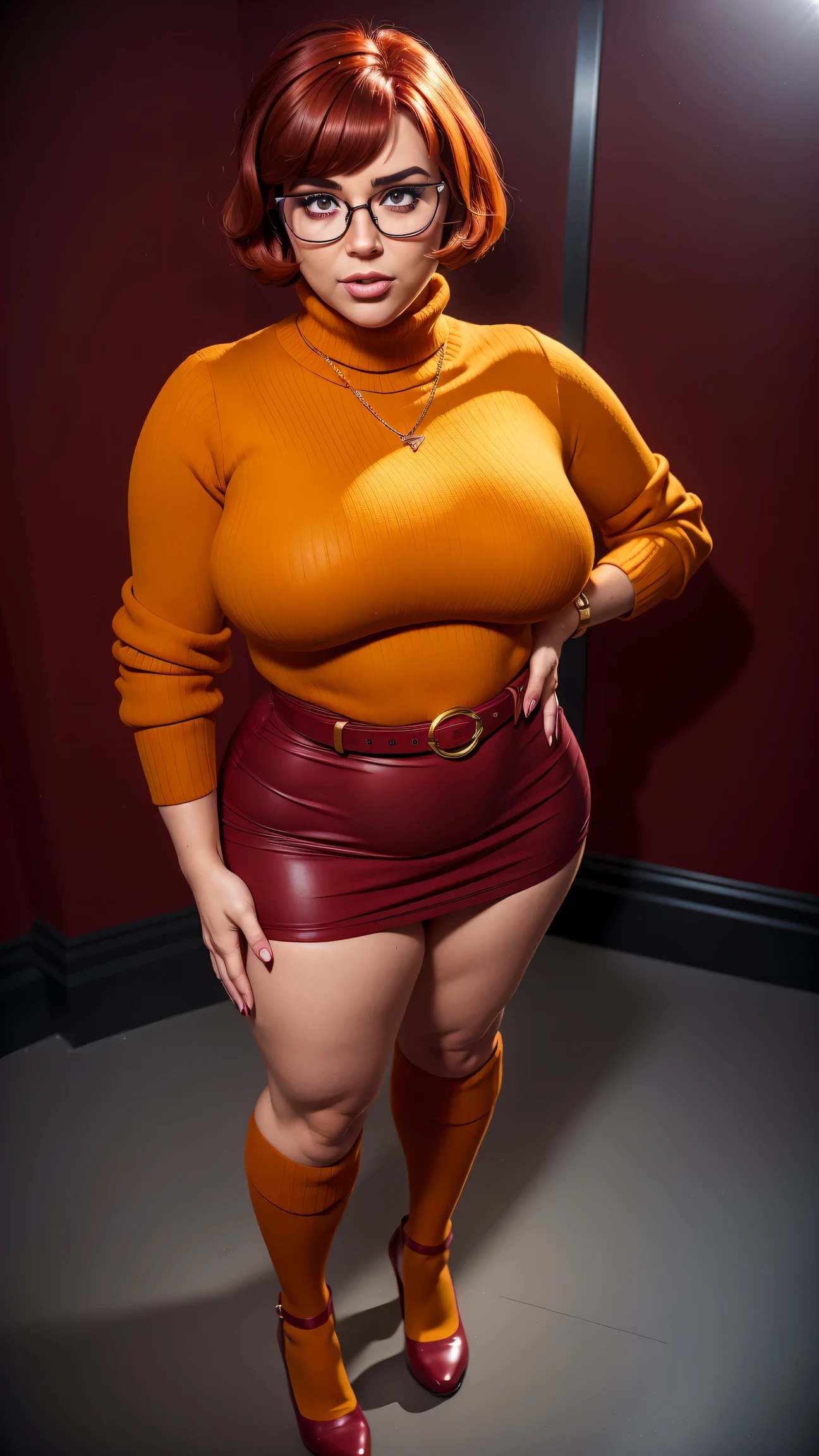 ((masterpiece, best quality, ultra-detailed, ultra-HD, photorealistic, cinematic)), (wide camera shot, full body view:1.5), (sensual pose, standing), (alluring and voluptuous female as Velma Dinkley:1.2), perfect anatomy, perfect face, proportioned hands, (deep shade of auburn with a slight natural wave hair color, chin-length bob with blunt bangs hairstyle:1.3), (retro-chic style outfit, knee-length and maroon turtleneck dress:1.2), (a matching maroon belt that cinches at her waist:1.2), (thick-framed black square glasses), (wears knee-high, mustard-yellow socks that peek out just above her brown, sensible lace-up shoes), (sports a delicate, gold pendant necklace), (vibrant orange cardigan slung over her shoulders), ((dynamic background))