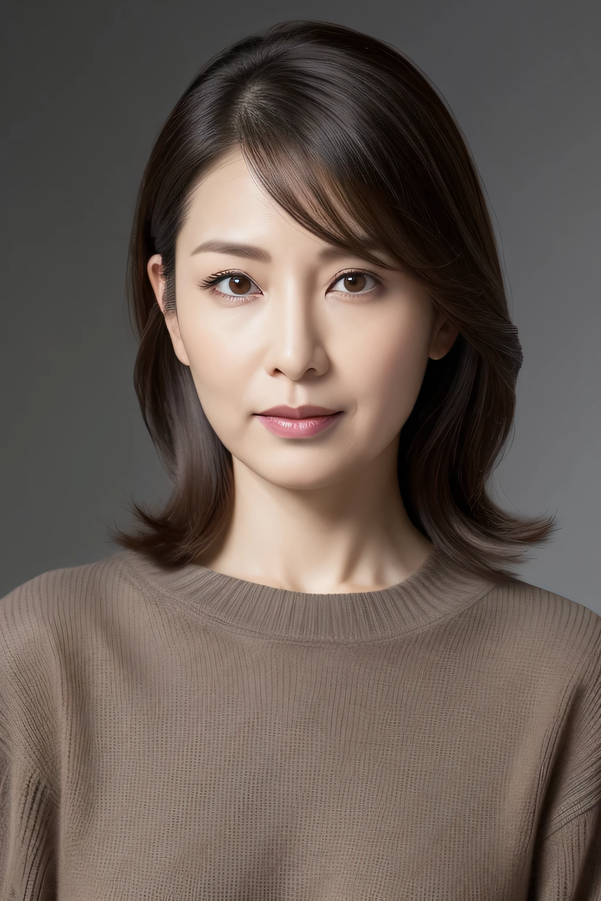 ultra high resolution, masterpiece, rough skin, very detailed, Photoreal, professional lighting, Depth of written boundary, sharp, (gray background), (Front view:1.2),(japanese mature, 38 year old woman is sexy), detailed face, beautiful eyes, bangs, good shape big breasts, light brown straight hair, faint lips, (Catch Eye:1.3),((stand in front、look at the audience, serious face eyes,)), sweater, theta, full body photo, cowboy shot