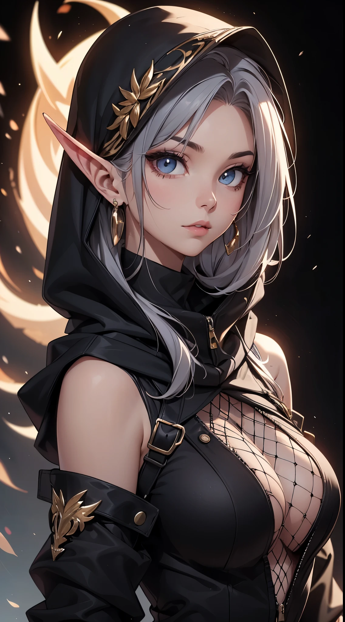 White elf girl, dark grey hair color, very long flowing hair, grey eye color, small eyes, round eye shape, eyeliner, realistic face shape. black fish net shirt, portrait, wearing a black hood, black background, Depth of Field. looking at camera, dreamy look detailed eyes, detailed face, detailed skin, Ultra Detailed, Beautiful and Aesthetic, Masterpiece, Best Quality, shoulders showing. fish net fabric accents, round chin shape. wearing black hood over hair. showing full upper body and face. wearing a black hood, alot of flairs in background, zoomed out, black and gold. glowing,