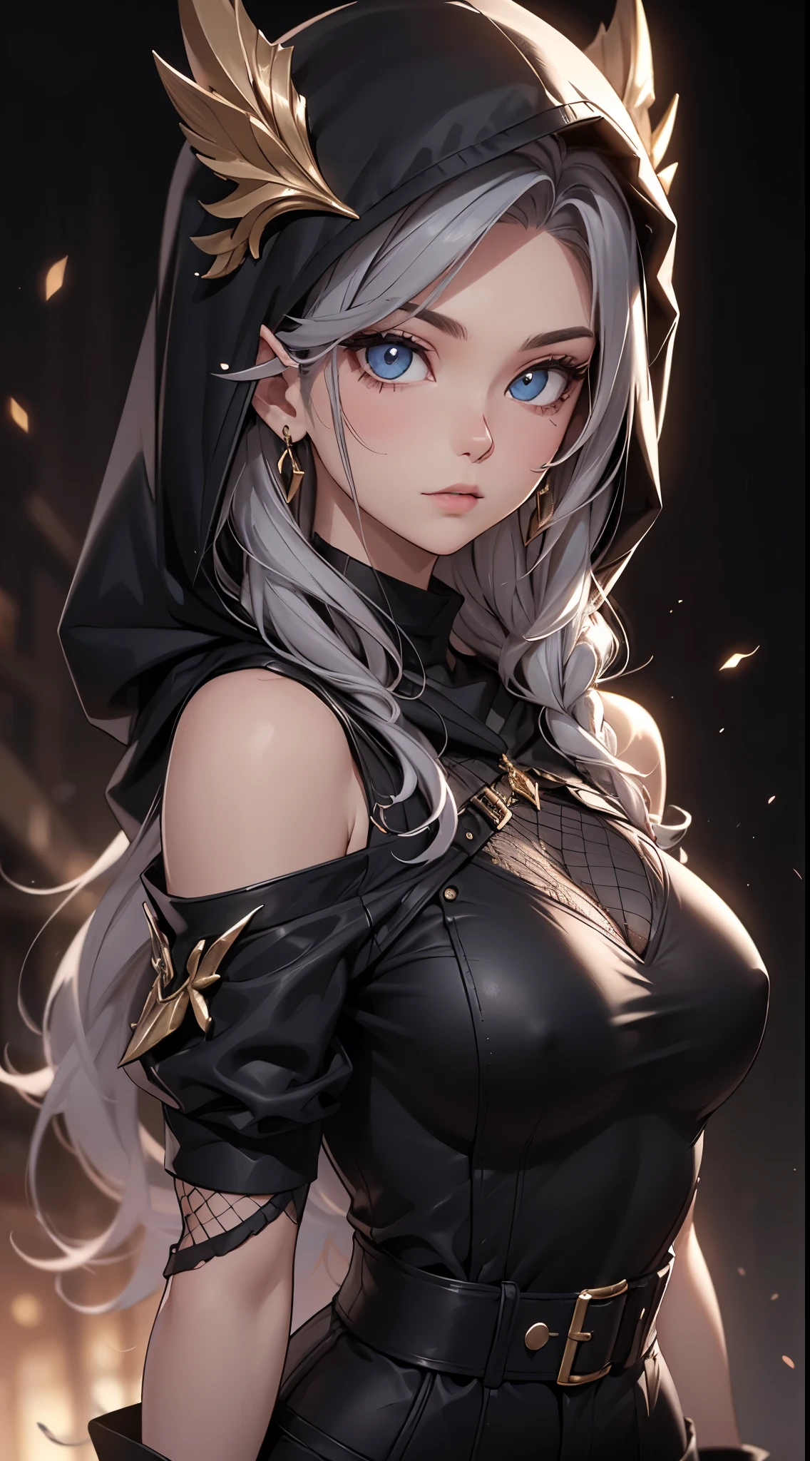 White elf girl, dark grey hair color, very long flowing hair, grey eye color, small eyes, round eye shape, eyeliner, realistic face shape. black fish net shirt, portrait, wearing a black hood, black background, Depth of Field. looking at camera, dreamy look detailed eyes, detailed face, detailed skin, Ultra Detailed, Beautiful and Aesthetic, Masterpiece, Best Quality, shoulders showing. fish net fabric accents, round chin shape. wearing black hood over hair. showing full upper body and face. wearing a black hood, alot of flairs in background, zoomed out, black and gold. glowing,