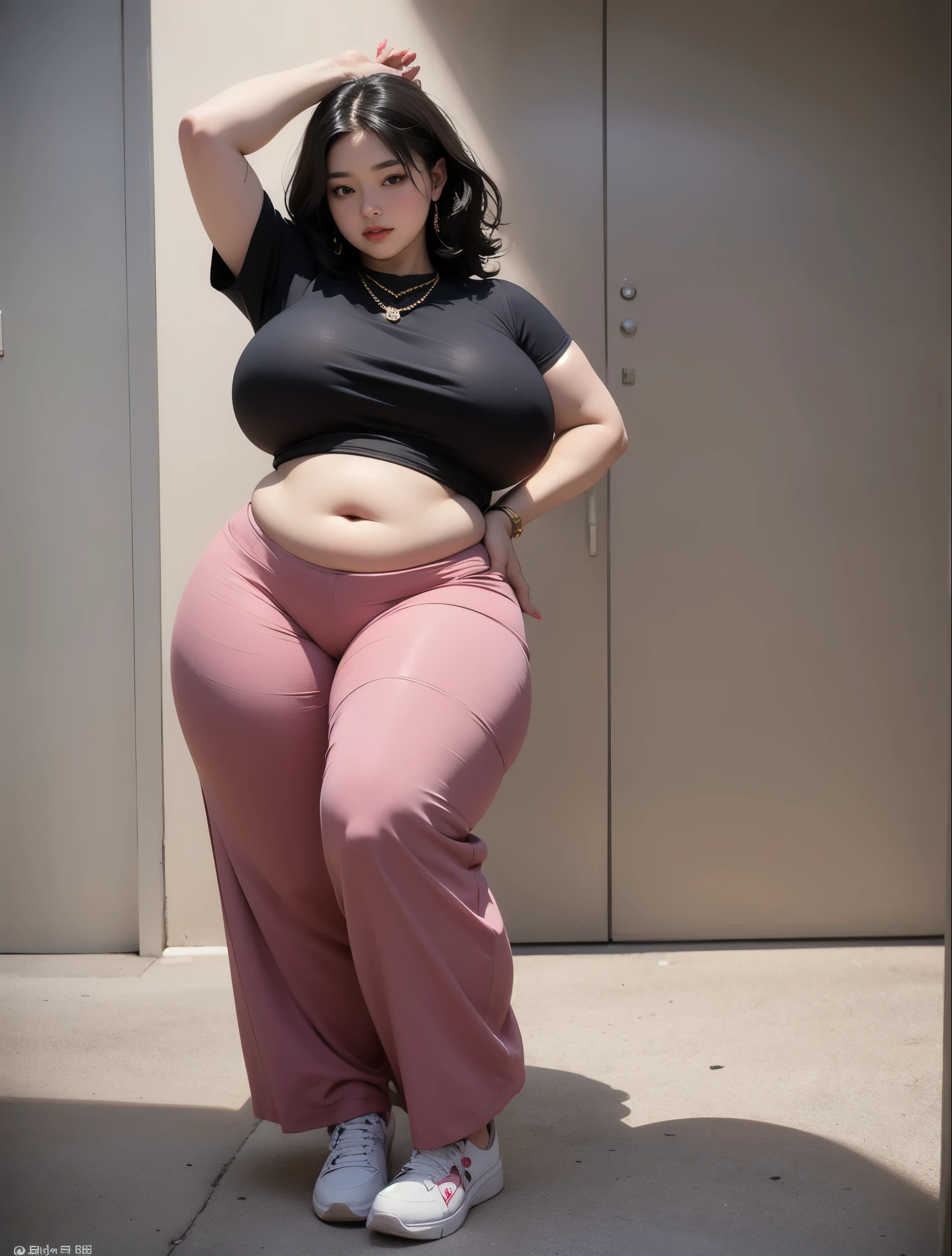 ((best quality)), ((masterpiece)), (detailed), perfect face, araffe woman thick and thight long pants posing for a picture, curvy model,, curvy hourglass figure,  longest hand t-shirt, thicc, beautiful full body shot, soft curvy shape, in a longest hand t-shirt, a beautiful woman open legs , bbwchan, , armpits, there is a old woman posing in a dark room with a maroon  clothes , 43 years old, thick body, beautiful thick female, wide hips, thick legs, she has a jiggly fat round belly, thick thighs, curvy hourglass figure, thicc, curvy model, widest hips, hyperrealistic full figure, bbwchan, voluptuous body, thick, tattooed body, tattooed hands, hena on arm, hena in belly, Burka girl, muslim clothes, 43 years old woman.  chubby woman, chubby cheeks, wearing a sneakers, bob hairstyle, thick neck, short neck, there is a woman random pose red-brown , bbwchan, thicc, brown  outfit, brown fashion model, korean girl, korean woman, wearing  robe, full length shot, alluring plus sized model, japanese goddess, clothed in polite, voluptuous and arousing, portrait shot, curvy model, voluptuous body, wonderful, nene tanaka body , bbwchan, The overall atmosphere is smooth , haunting illustrations, extremely high-resolution details, photographic, realism pushed to extreme, fine texture, 4k, ultra-detailed, high quality, high contrast, red sneakers , cold atmosphere ,, 8k resolution , ultra-detailed resolution , wearing long thight pants, random pose with full body , full body, diamond necklace , wearing a watch , thick arm, thick cheeks , wearing 4 a gold Bracelet, hena arts, thicc, brown sneakers , tall woman , tattooed arm, tattooed all over body, ink tattoos skin.. Seductively body, seductive poses full body , front view , 1girl 