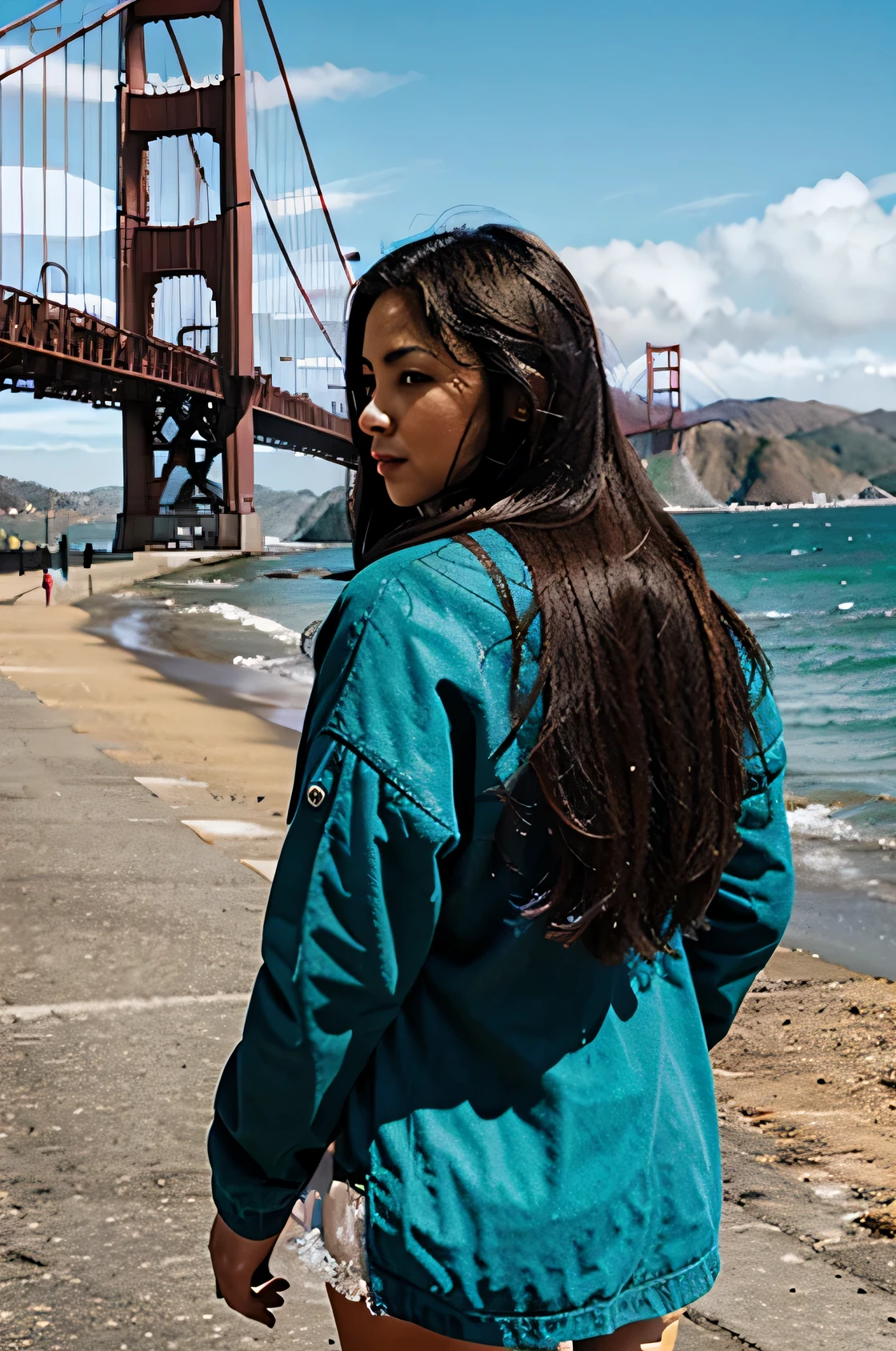 1Colombian women, walking by the sea in san francisco, picture retro style photo, nostalgic and crisp (golden Gate bridge) in the background 