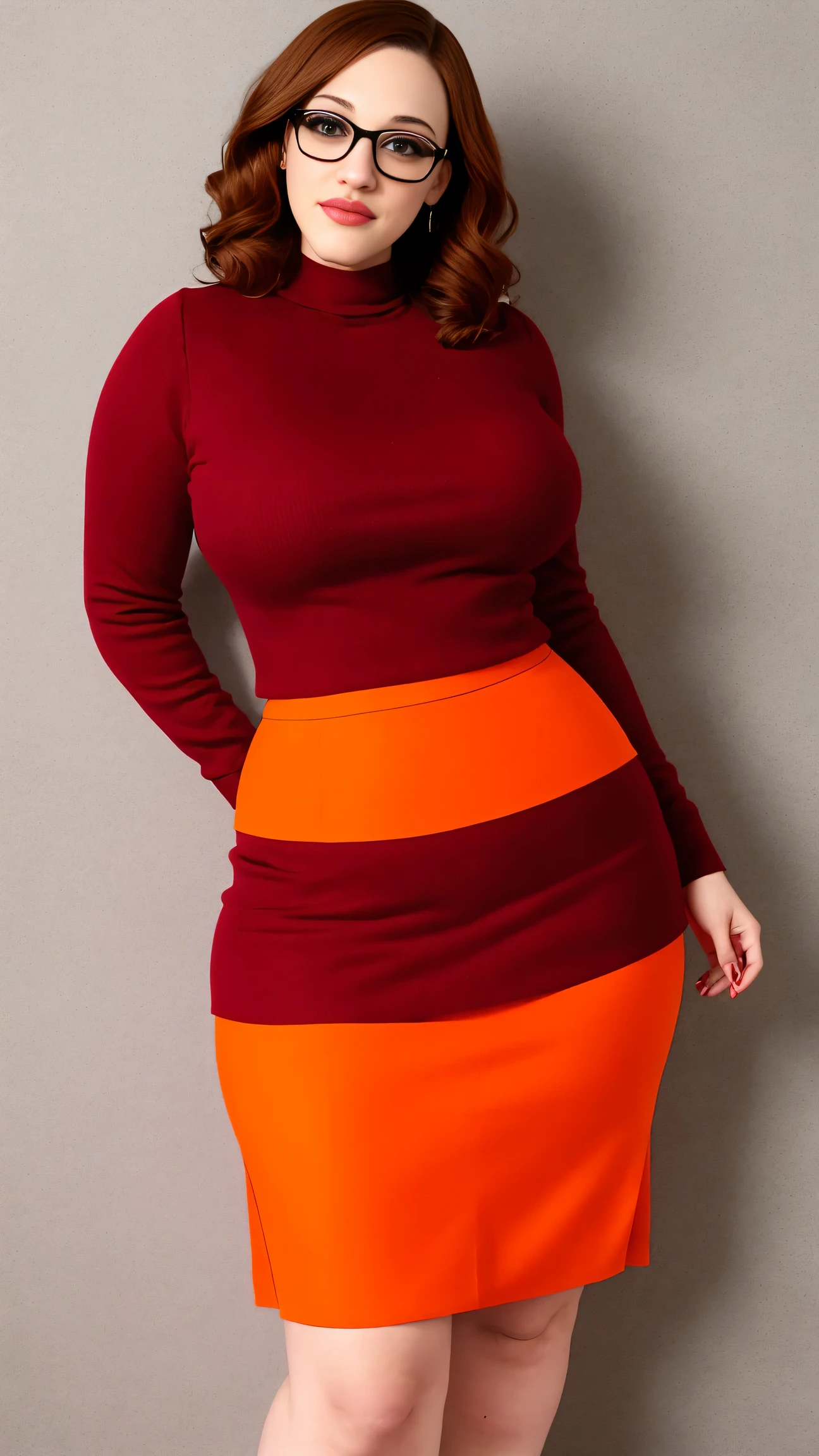 (Kat Dennings:1.3) is a very sexy Velma dace dinkley, 1girl, large breasts, brown_eyes, brown bob cut, glasses, big breasts, lips, looking_at_viewer, orange turtleneck sweater, very tight orange sweater, short_hair, very tight turtleneck, orange turtleneck sweater, dark red pleated skirt, very short skirt, pleated red miniskirt, thicc, juicy hips, bbw, facing viewer, pin up, thirst trap, cosplay