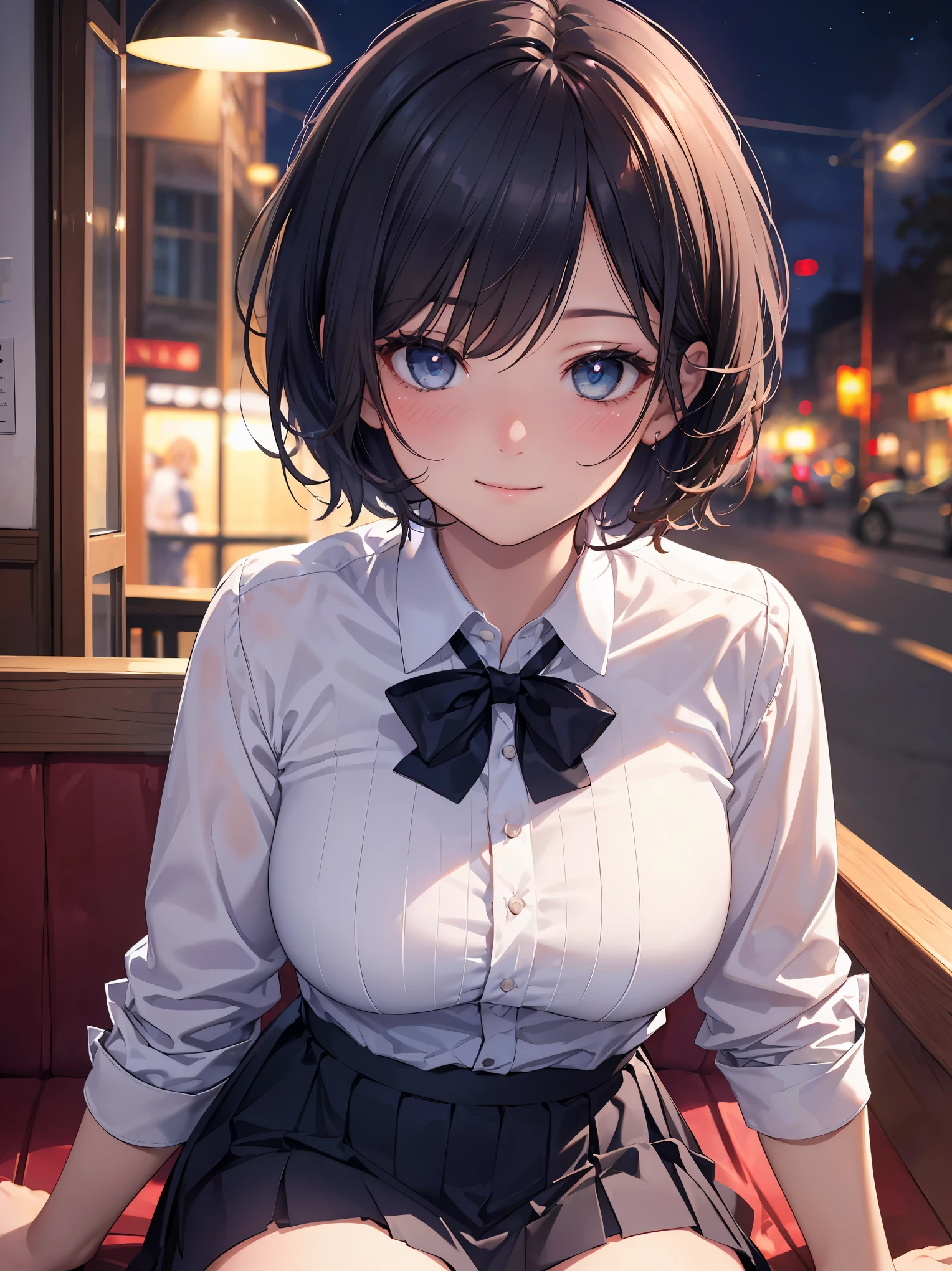(8k, RAW photo, best quality, masterpiece:1.2), (realistic, photo-realistic:1.37), ultra-detailed,
1 girl,cute, solo,beautiful detailed sky,detailed cafe,night,sitting,dating,(nose blush),(smile:1.1),(closed mouth),large breasts, seductive smile, large aparture, professional lighting, Sony A7R4, Zessie 50mm F1.8,
medium breasts,beautiful detailed eyes,(collared shirt:1.1), bowtie,pleated skirt,(short hair:1.2),floating hair