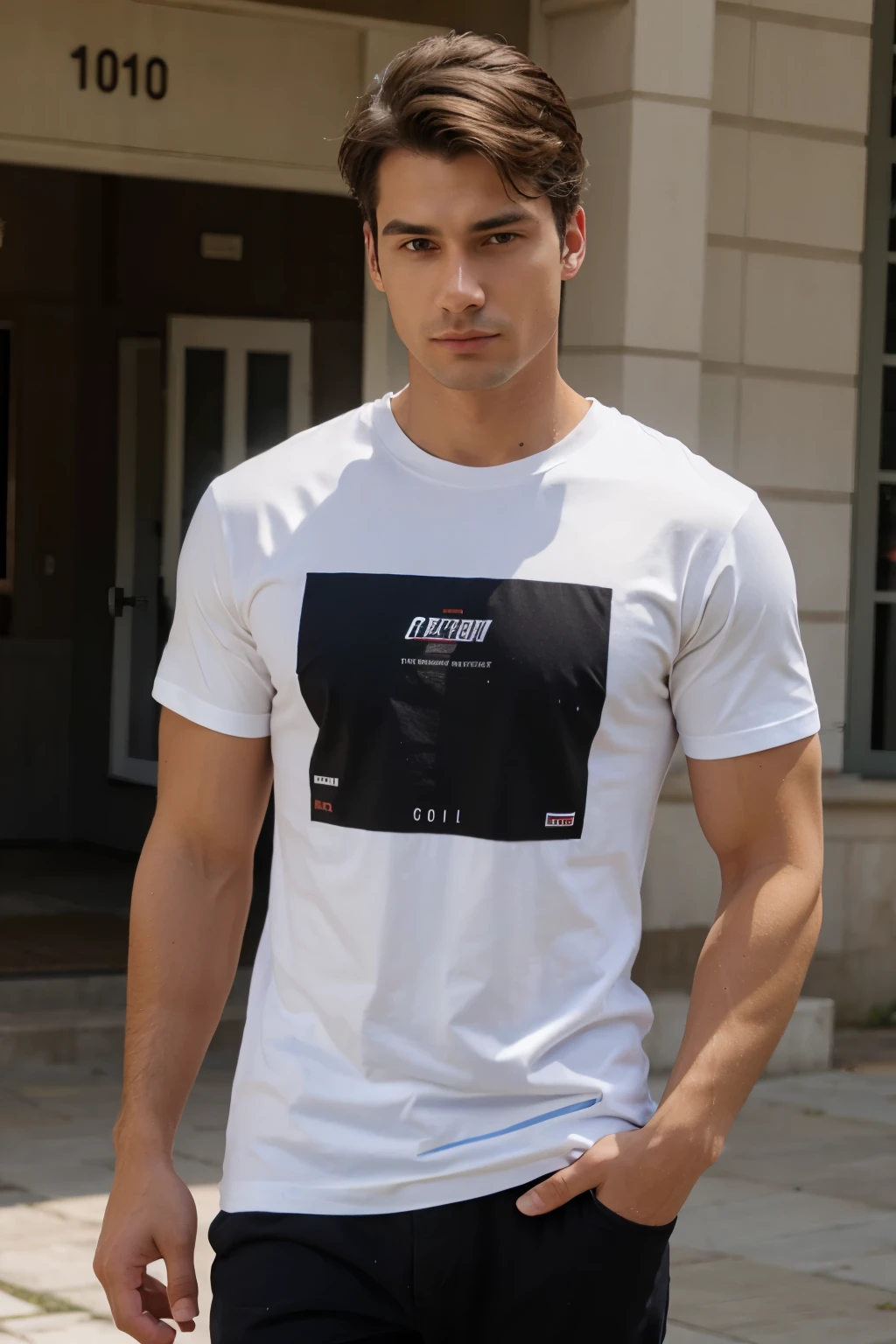 A handsome, muscular young Asian man looks at the camera. In a simple t-shirt white and red , Fieldside, grass, beach, sunlight