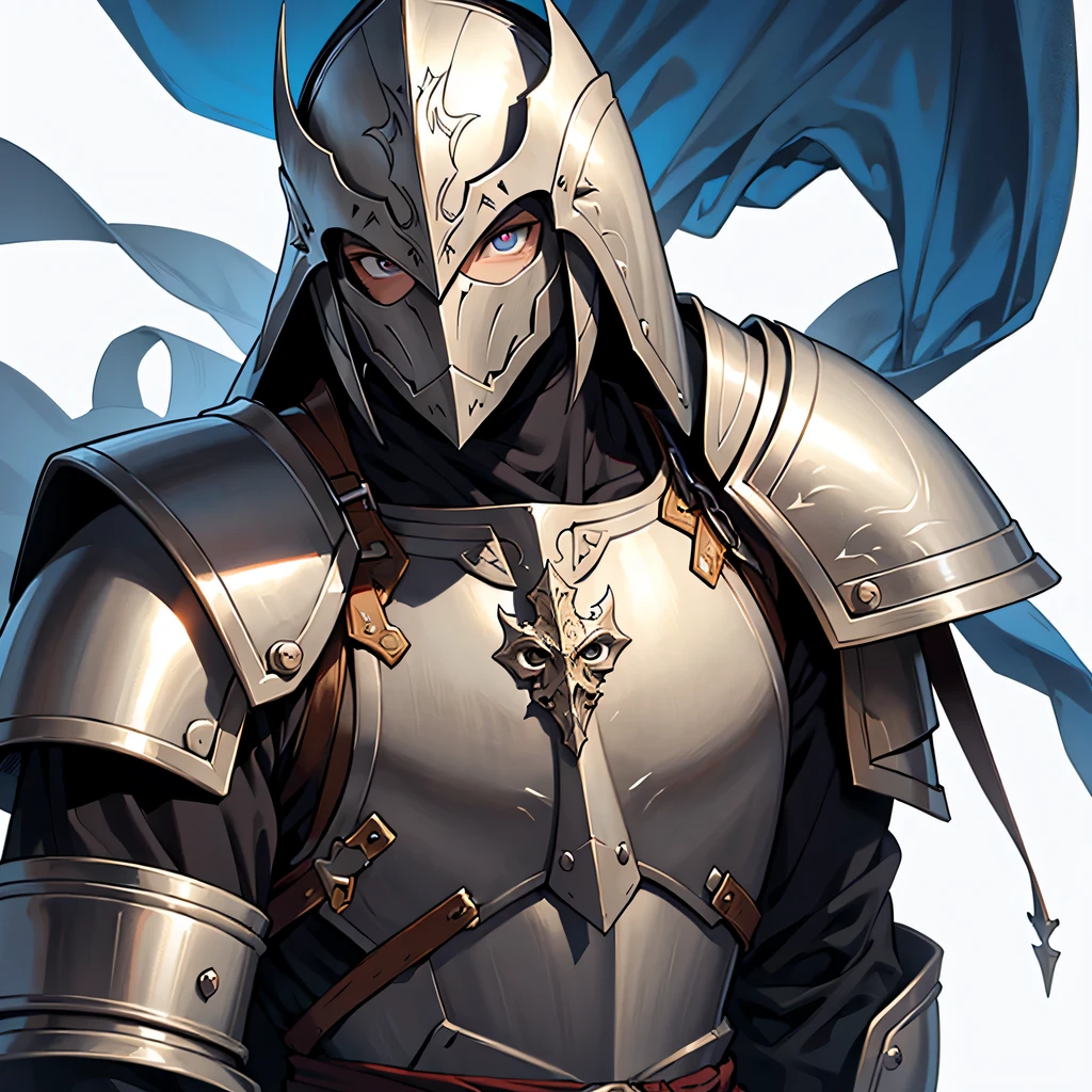 anime, masterpiece, best quality, by professional artist, male, 1man, solo, upper body , detailed composition, detailed eyes, plain white background, medieval fantasy, armored knight with helmet covering his head and face, king's guard