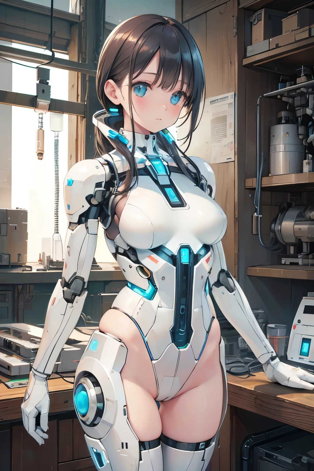 (realistic:1.4), (RAW photo)table top, highest quality, very detailed, (realistic:1.4), (8K, 4K, highest quality, High resolution, Super high resolution:1.1), 8K portrait,1 girl, Japanese アンdroid gid,Plump , announcer,Control panel,アンdroid,droid,mechanical hand, ,robot arms and legs, black hair,Machine body,dull bangs,white robot parts,perfect robot woman,Charging spot,long tube,A thick cable was connected to his neck..,ceramic body ,Machine body, mechanical ear covers,アンdroid,robot humanoid,a little chubby,panties,full eyes,perfect machine body,White robot body,The laboratory of the future,アンdroid factory,mechanical ear covers,White and light blue uniform,aqua accent costume,