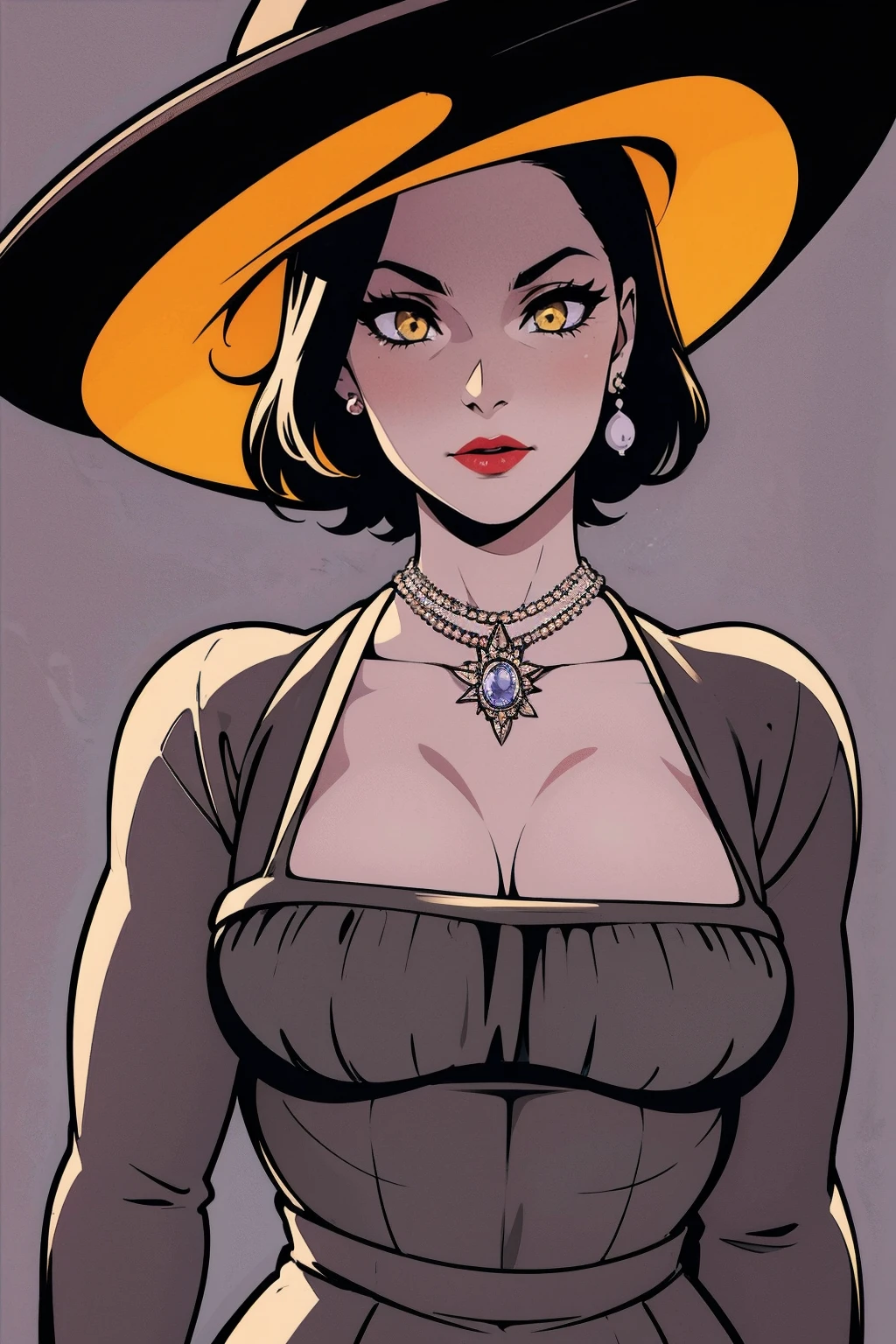 Alcina, yellow eyes,black hair,short hair, lipstick, mature woman, make up, veiny skin, curvy, white dress, hat, single earring, cleavage, pearl necklace, black gloves, 1girl, solo, facing viewer, looking at viewer, whole body, backwards, looking at us