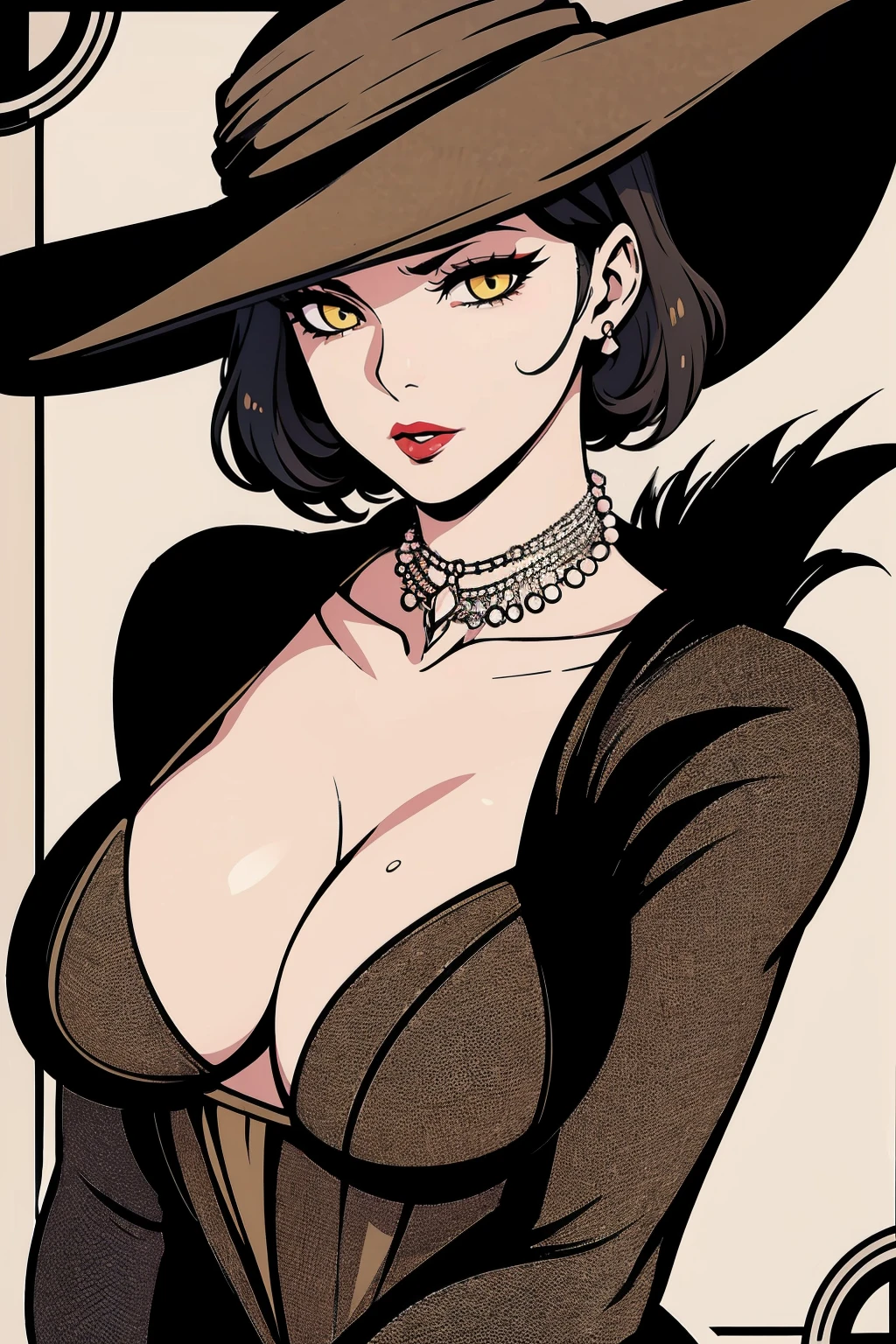 Alcina, yellow eyes,black hair,short hair, lipstick, mature woman, make up, veiny skin, curvy, white dress, hat, single earring, cleavage, pearl necklace, black gloves, 1girl, solo, facing viewer, looking at viewer, whole body, backwards, looking at us