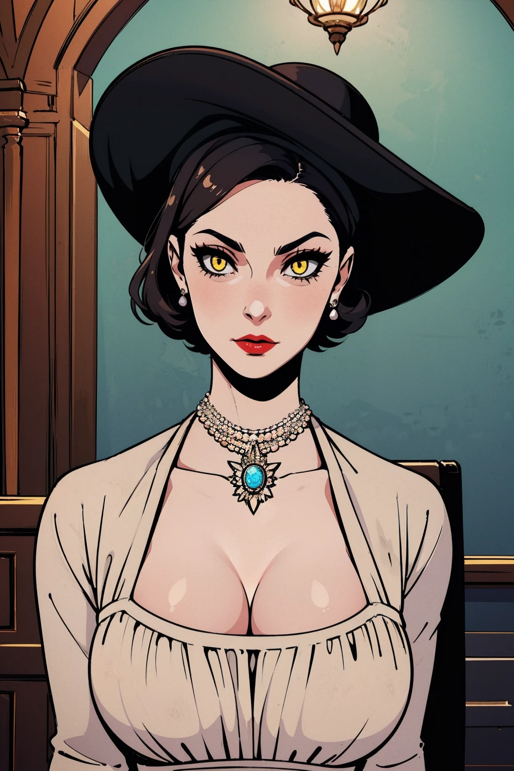 Alcina, yellow eyes,black hair,short hair, lipstick, mature woman, make up, veiny skin, curvy, white dress, hat, single earring, cleavage, pearl necklace, black gloves, 1girl, solo, facing viewer, looking at viewer, whole body, backwards, looking at us