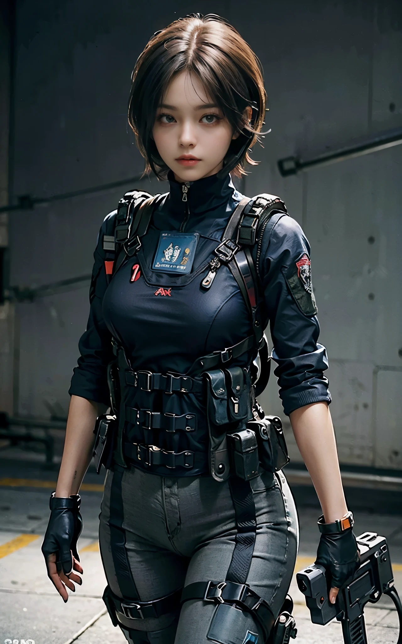 ((Best Quality, 8K, Masterpiece: 1.3)), ((best quality)), photorealistic, photorealism, Photorealistic, high resolution, 1girl aiming with an ak-47 assault rifle, Combat pose, looking at the viewer, (Detailed face), short hair, (wearing red rubber suit, tactical vests, military harness, black gloves, high-tech headset), cloths color based on black dark blue), muscular and plump, revealed plump thigh, Gun, Fingers are occluded, concrete wall background,