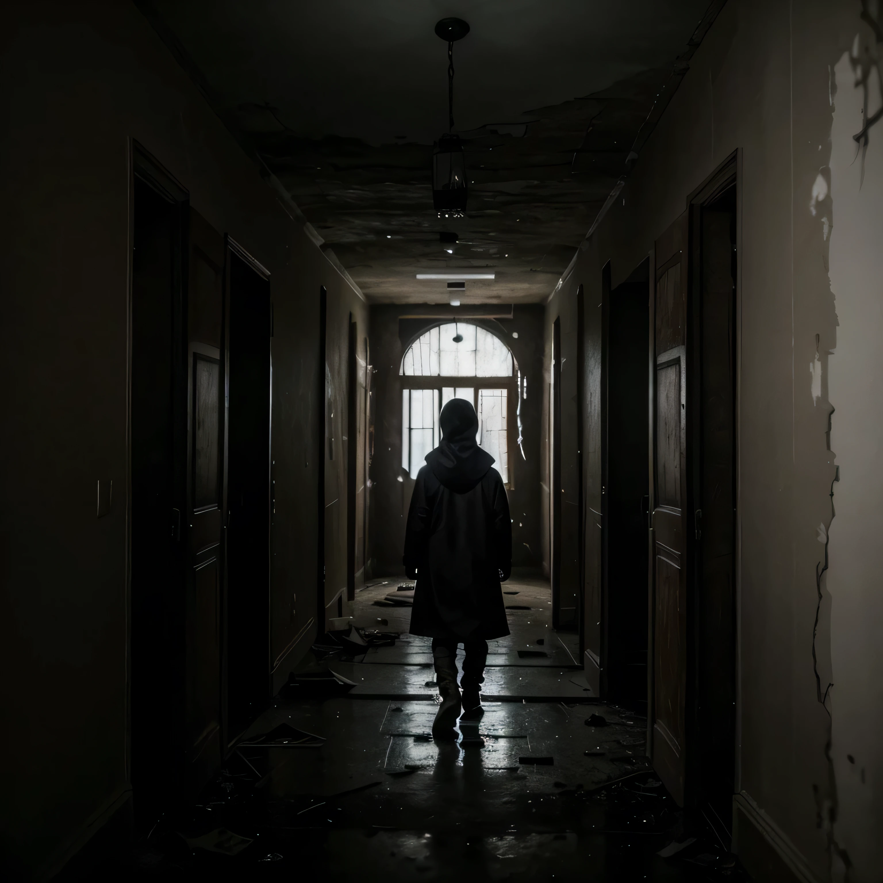 Meisterwerk, verlassenes Haus, dunkle Farben, viele Schatten, schwach beleuchteter Raum, Post-apokalyptischen, eine Silhouette einer weit entfernten Person, Tragen Sie lange Kleidung mit einer Kapuze, die den Kopf bedeckt, The walls are cracked, Der Boden ist kaputt, Dunkelheit, emotional intensiv, Gesicht ist nicht erkennbar, Die Person ist von hinten zu sehen, Flur