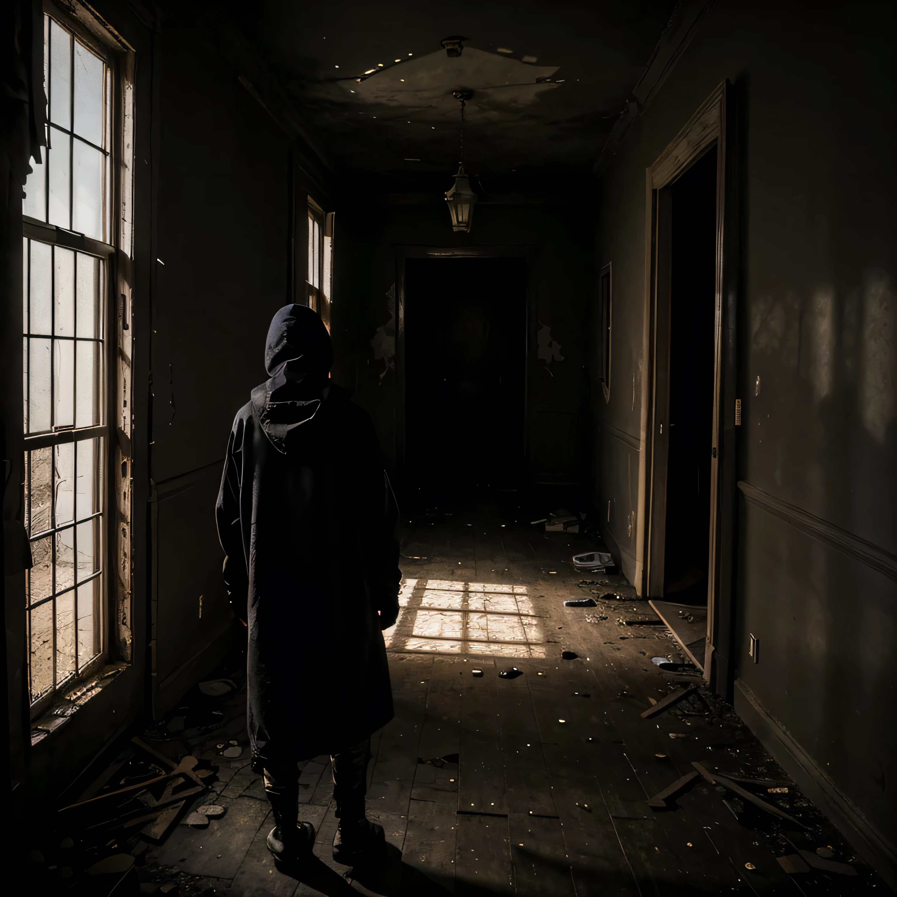 Meisterwerk, verlassenes Haus, dunkle Farben, viele Schatten, schwach beleuchteter Raum, Post-apokalyptischen, eine Silhouette einer weit entfernten Person, Tragen Sie lange Kleidung mit einer Kapuze, die den Kopf bedeckt, The walls are cracked, Der Boden ist kaputt, Dunkelheit, emotional intensiv, Gesicht ist nicht erkennbar, Die Person ist von hinten zu sehen, Flur