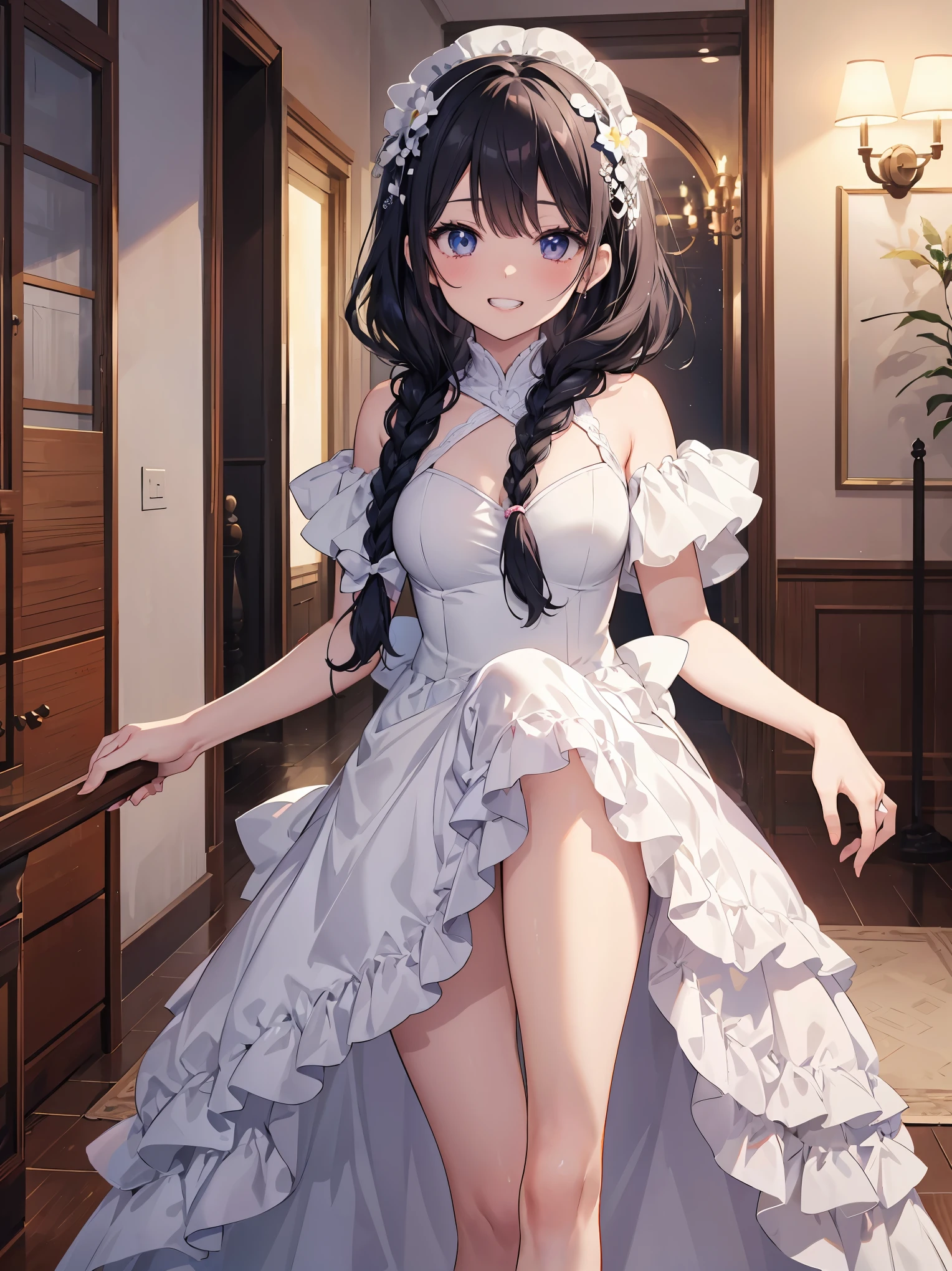 highest quality, masterpiece, ultra high resolution, 8K, Wedding dress, Shoujo manga style , single, soft line art, digital enhancement, Shoujo Manga Touch, girl manga core, flowing fabric, close, ((Shoulder-length hair length and short braid)), staring at us from the front, soft drawing, beautiful black hair, clear eyes, grin and laugh, teeth, Wide mouth, Super detailed digital anime art, clear facial depiction, Super detailed girl manga character art, Super detailed manga style, highest qualityの色, Teburi, foot up angle, indoor