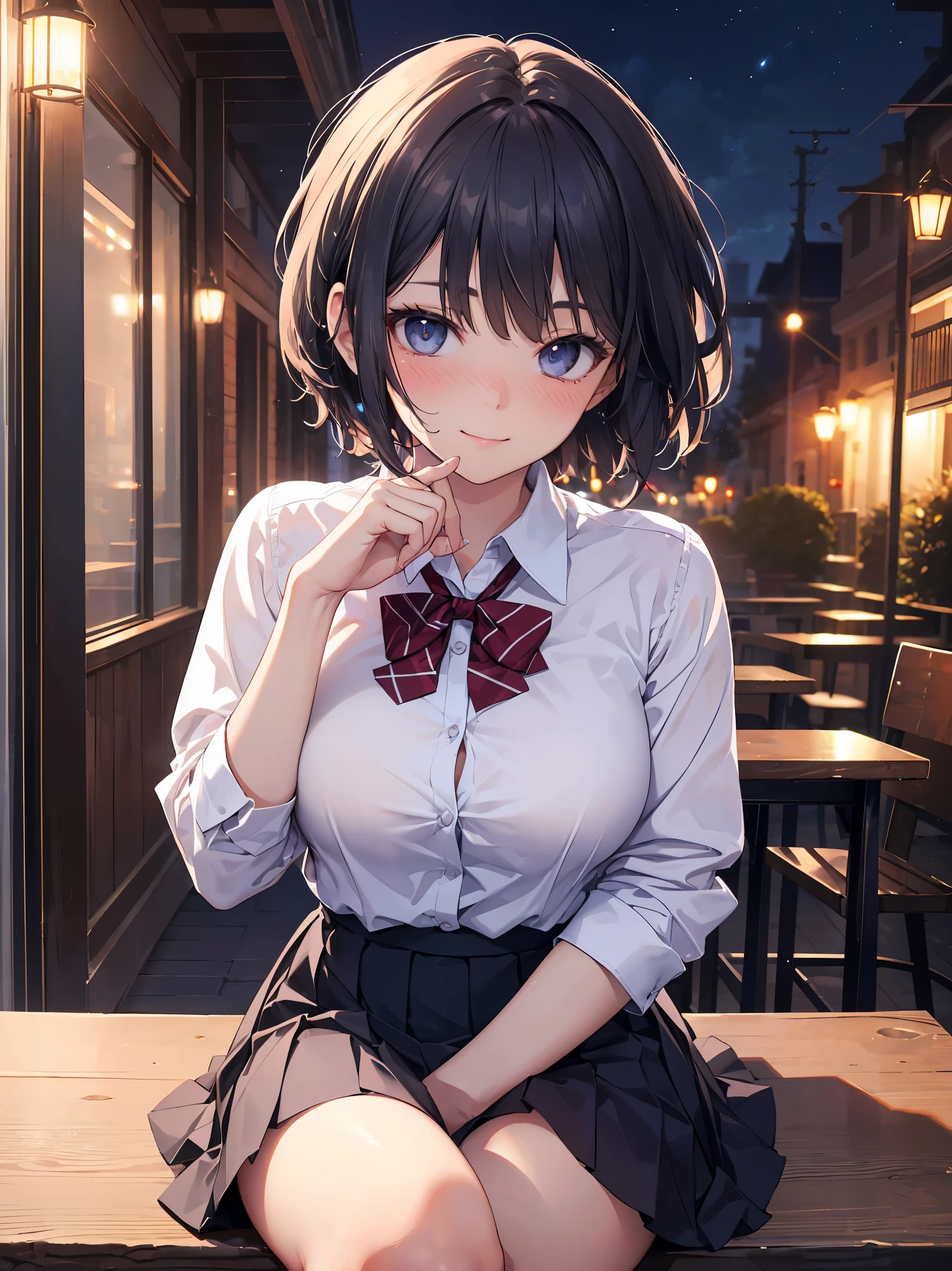 (8k, RAW photo, best quality, masterpiece:1.2), (realistic, photo-realistic:1.37), ultra-detailed,
1 girl,cute, solo,beautiful detailed sky,detailed cafe,night,sitting,dating,(nose blush),(smile:1.1),(closed mouth),large breasts, seductive smile, large aparture, professional lighting, Sony A7R4, Zessie 50mm F1.8,
medium breasts,beautiful detailed eyes,(collared shirt:1.1), bowtie,pleated skirt,(short hair:1.2),floating hair 