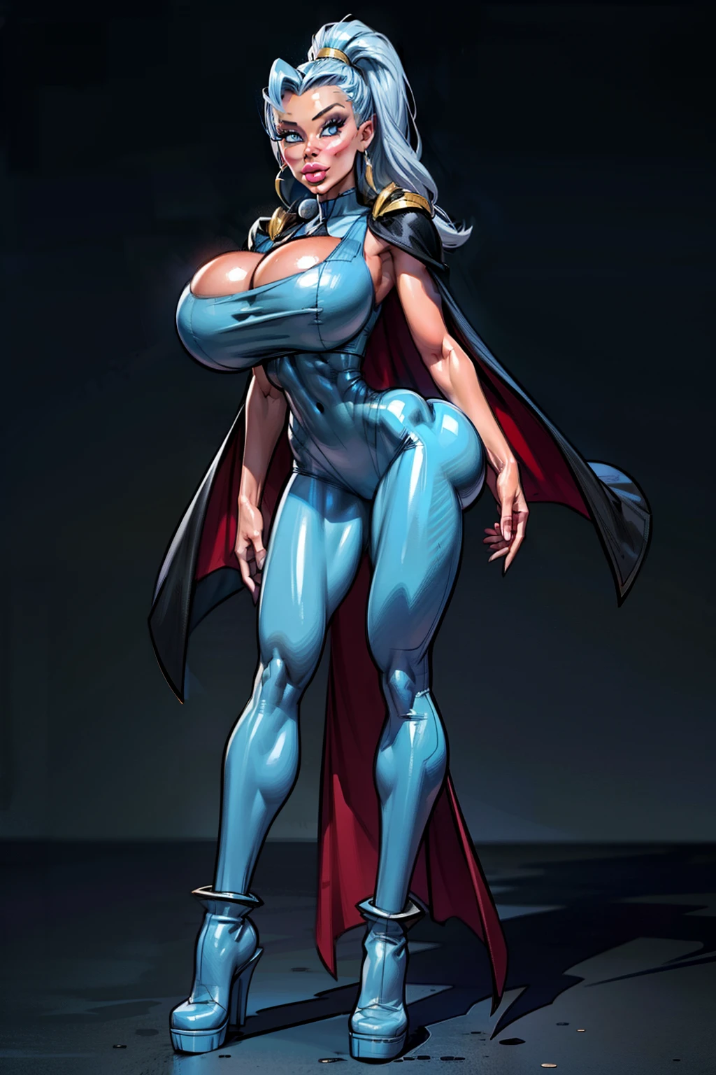 (aletta ocean face), Generate an illustration of a mature Clair, gym leader of pokemon, ponytail, holding a poke all, de terno preto, long hair, hair flows straight down, indigo hair, (gigantic breasts:1.2), blue outfit in anime format with a serious style, ((long black cape)), blue tights, blue boots, gothic make up, masterpiece, ((dark lighting)), black background, puffy lips,slendered abs, beautiful face,