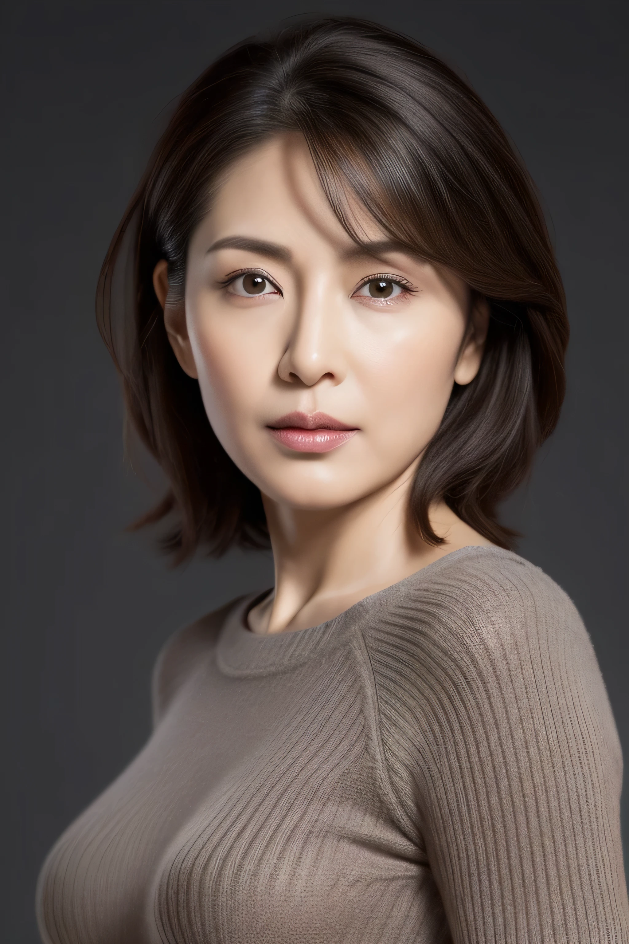 ultra high resolution, masterpiece, rough skin, very detailed, Photoreal, professional lighting, Depth of written boundary, sharp, (gray background), (Front view：1.2),(japanese mature, 38 year old woman is sexy), detailed face, beautiful eyes, bangs, good shape big breasts, light brown straight hair, faint lips, (Catch Eye:1.3),((stand in front、look at the audience, serious face eyes,)), sweater, theta, full body photo, cowboy shot