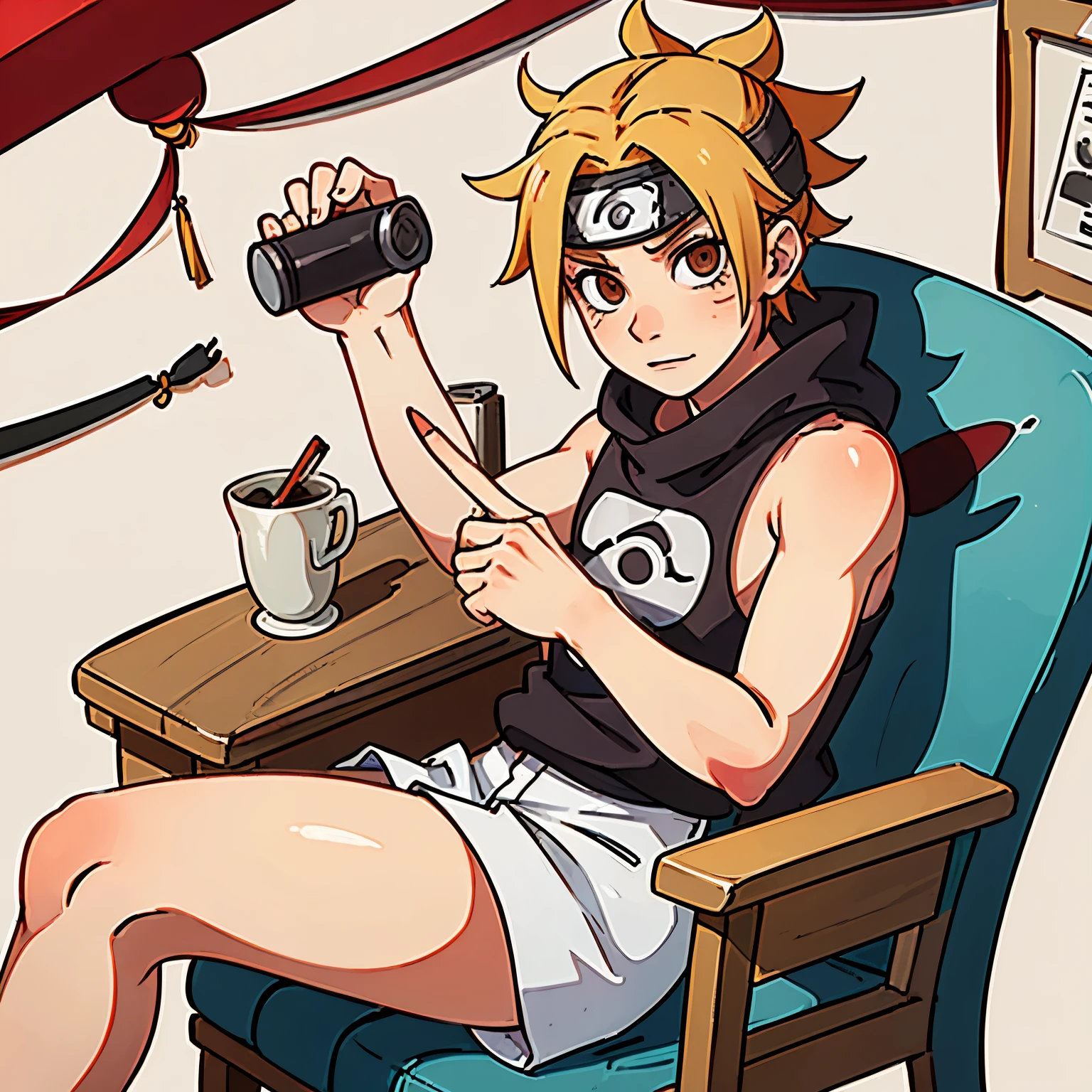 Naruto siting on a chair naked with his long big thick dick pointing at the camera gay