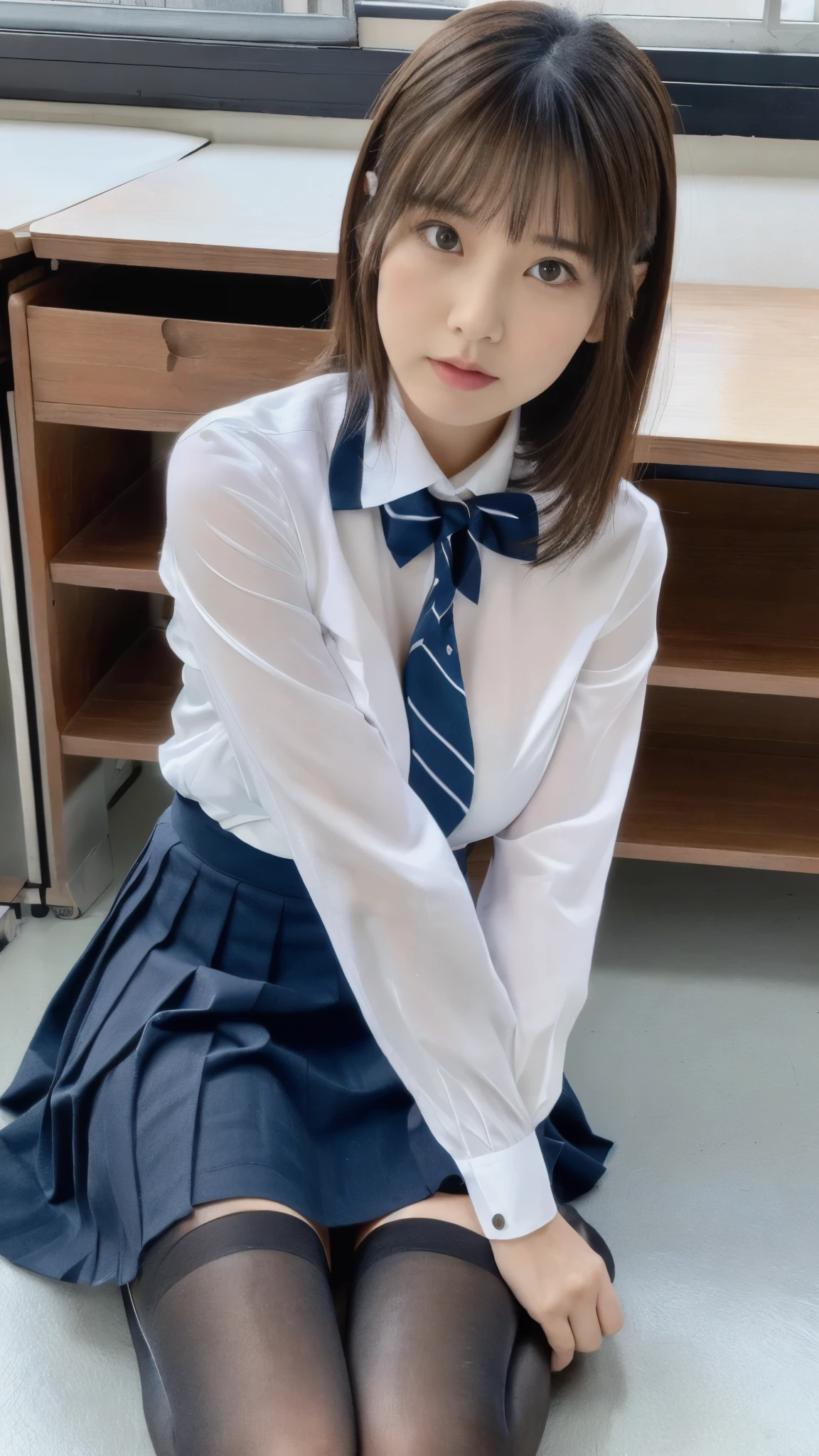 (masterpiece、highest quality、Ultra - High resolution、8K)、Colorful、flat color、Depth of bounds written、Lens flare One very beautiful girl、bewitching look、sitting cross-legged、big breasts,black haired、looking at the viewer、School、classroom、pleated mini skirt、Please take off your uniform、serafuku、black pantyhose、Detailed texture、fine cloth texture、beautiful and detailed face、30 year old beauty、adult atmosphere、shirt lift,