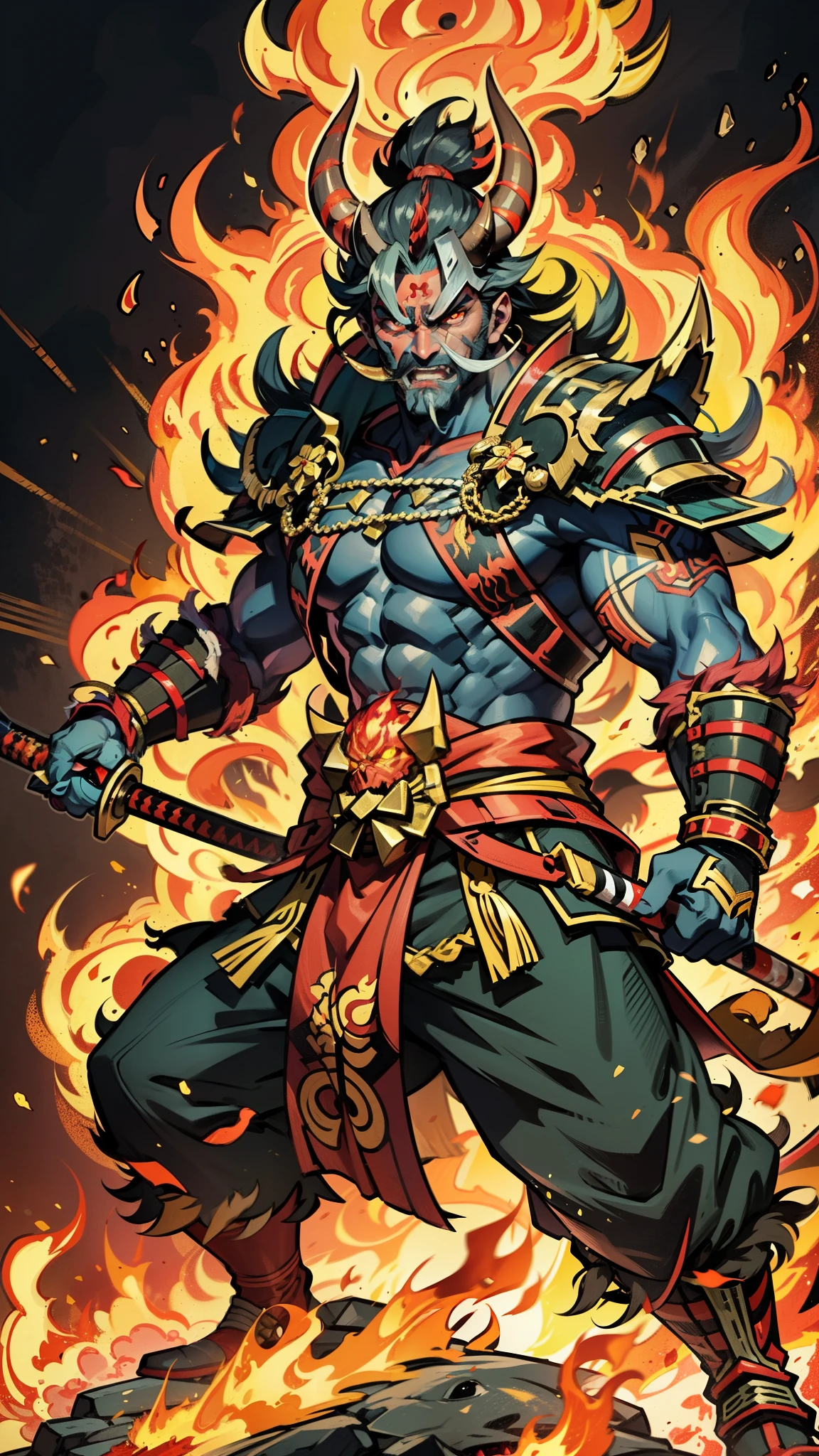 a close up of a person with a fire on a fireball, fire demon, demon samurai warrior, fire giant, muscled humanoid balrog demon, demon samurai, ruler of inferno, villain wearing a oni mask, asura from chinese myth, handsome guy in demon slayer art, black bull samurai, oni, balrog, blazing infero, fire lion