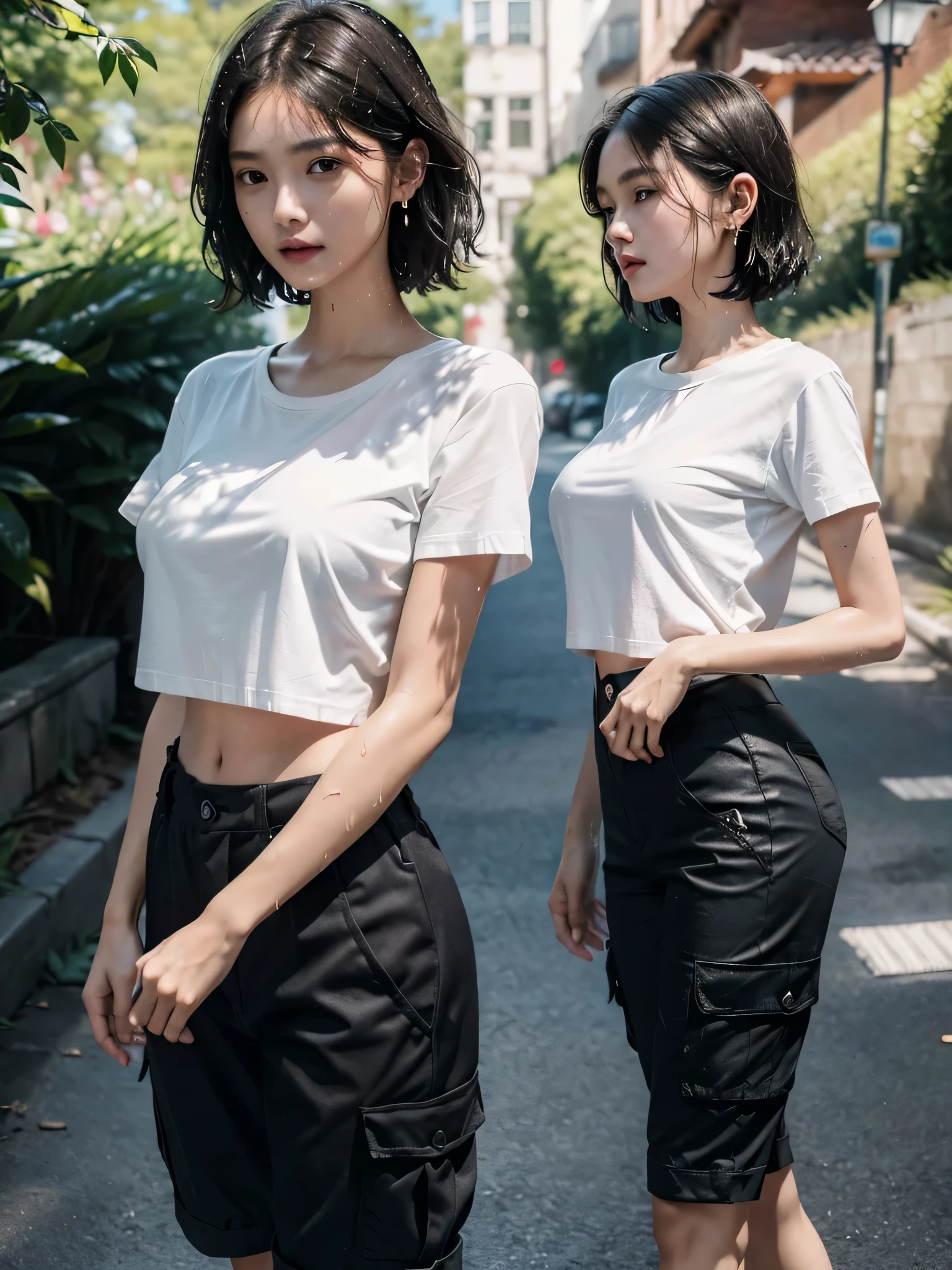 (disorganized, RAW photo, very delicate and beautiful, masterpiece, highest quality, ultra high resolution, 16k, surreal, super detailed, perfect ???????, super dense skin, perfect figure:1.2), Highly detailed CG 8k wallpaper, 20&#39;s, very slim body, (tight waist:1.2), very small head, very small face, delicate features, tearful mole, earrings, thin legs, (very huge round breasts:1.1), 1 girl, full body shot, short hair, wavy hair, (T-shirt:1.1), (cargo pants:1.1), (shorts:1.1), (Wet:1.1),