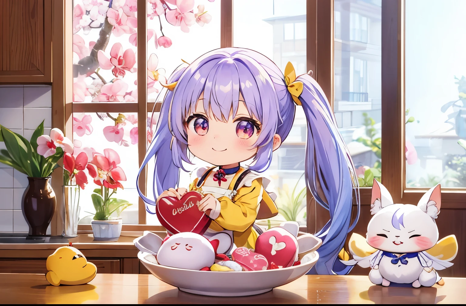 Kitchen full of orchid flowers by the window、Chibi character girl with her pet dog、light blue long hair、Hair style is twin tails、A happy smile、yellow costume and apron、Making big Valentine&#39;s Day heart-shaped chocolates、