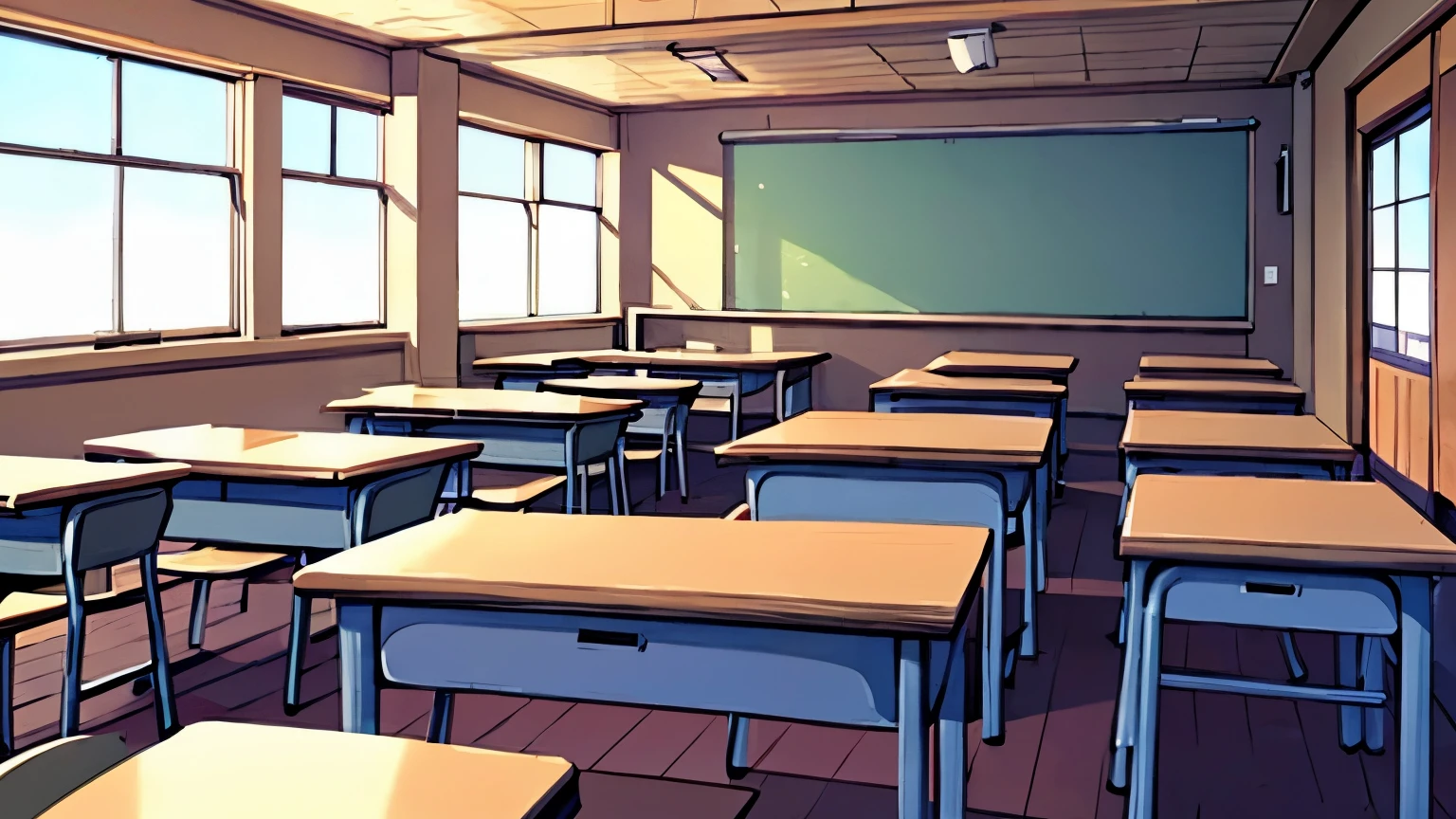 Shooting with a wide-angle lens、Manga style、Simple colors。school classroom、Japanese high school、afternoon sunlight、rows of desks and chairs、You can see the blackboard、An empty classroom、