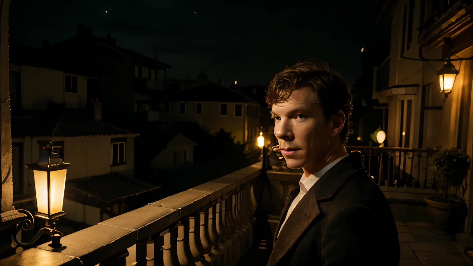 Late evening, the streets are illuminated by lanterns, Benedict Cumberbatch stands on the second floor balcony of a private house, looks down onto the street, smokes a lit cigarette. The camera looks at him from below the street.