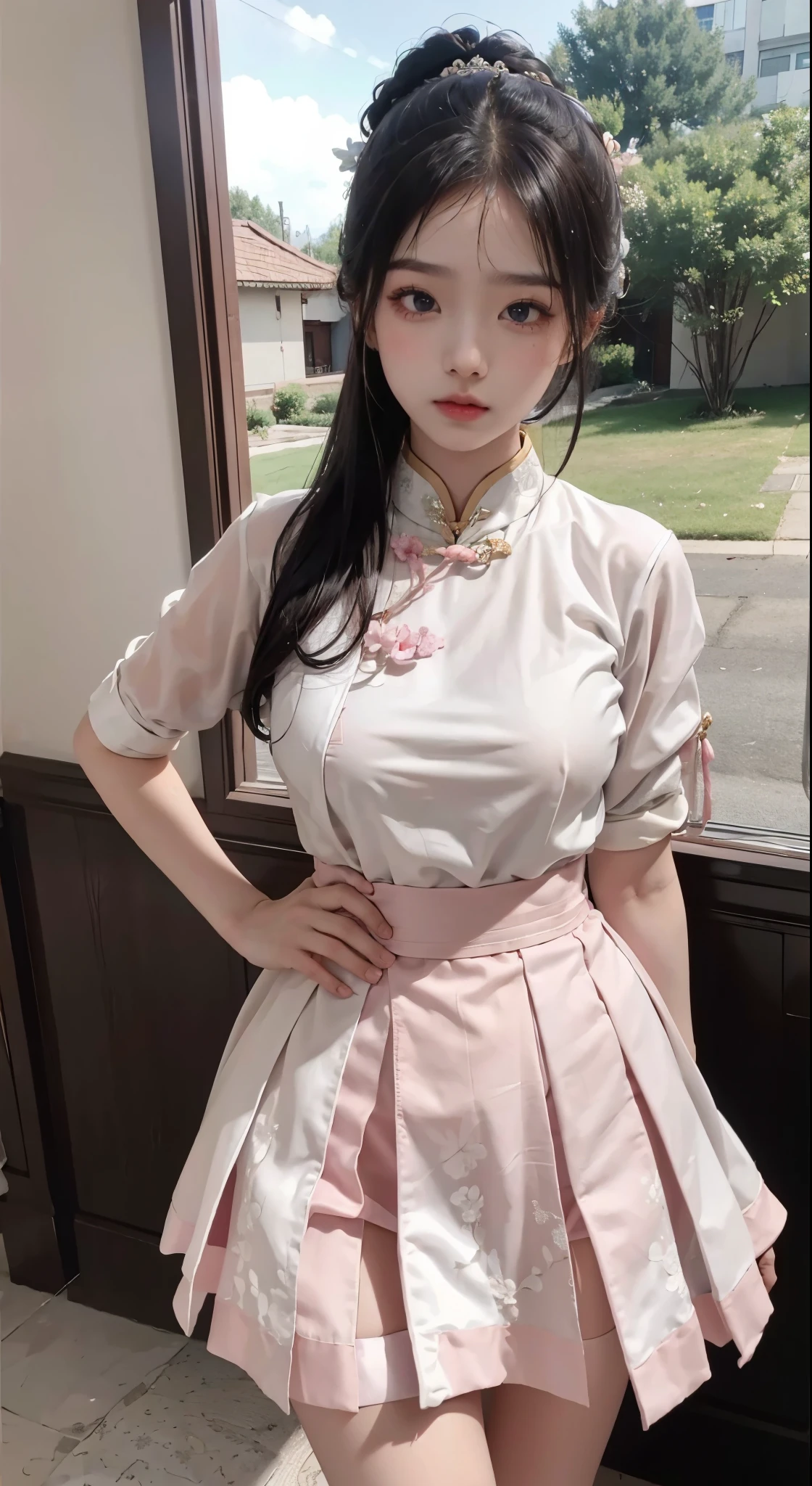 Master quality, highest quality, best picture quality, exaggerated details, a princess cute 8 year old asian with a shy expression, slightly squinted eyes, adjusting her hair, long eyelashes (long hair / very, very exaggerated big breasts, big tits / in pink white pentticoat, qipao dress, short skirt), posing in front of the camera, wet breast , wet cloth, thin silk lace , detail 8k,