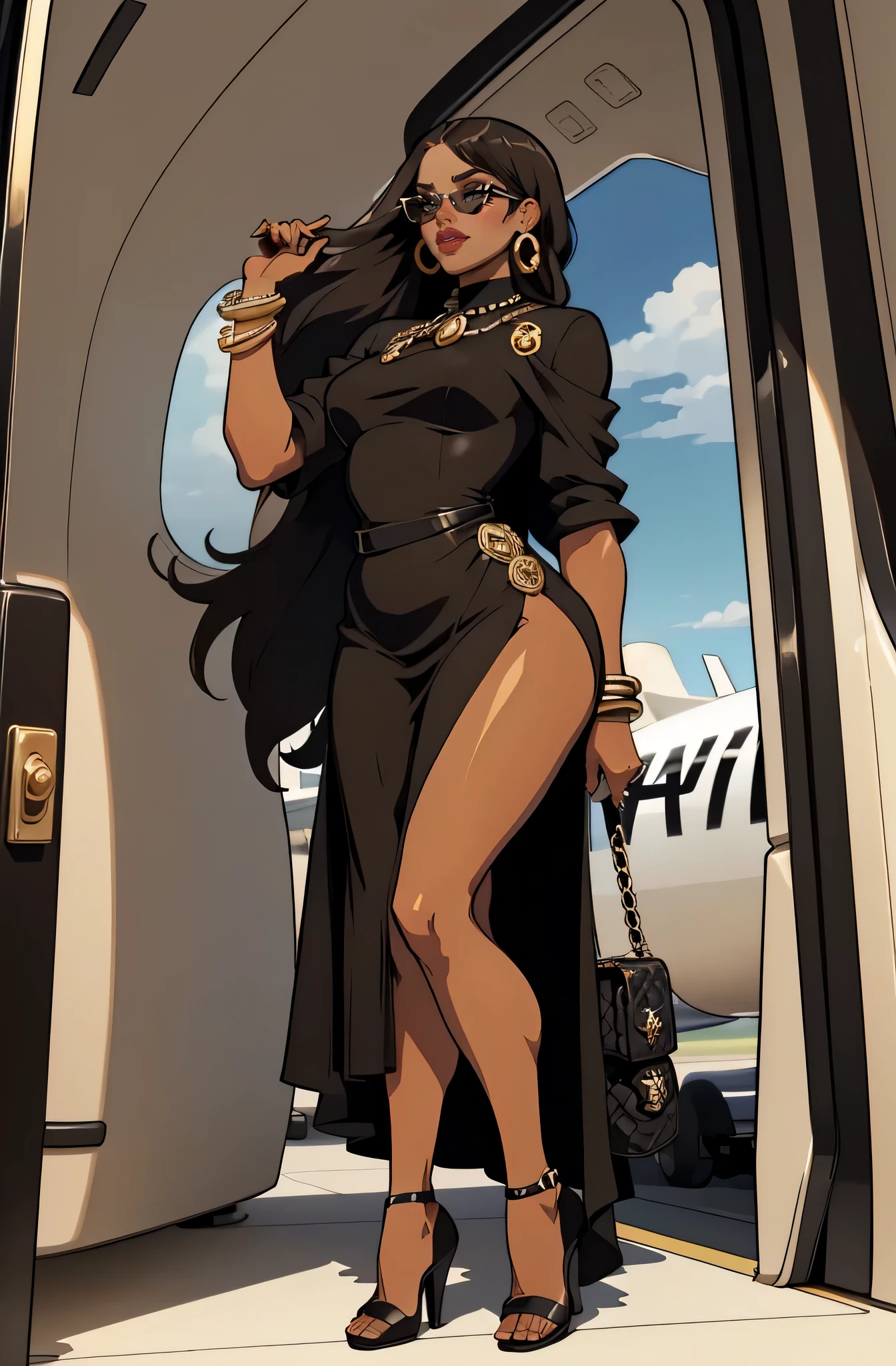 getting on a private jet (a 35 year old woman) brown skin, solo, 1 girl, portrait, african long hair, super detailed, modern style, direct look, full body wearing black chanel dress and chanel sunglasses