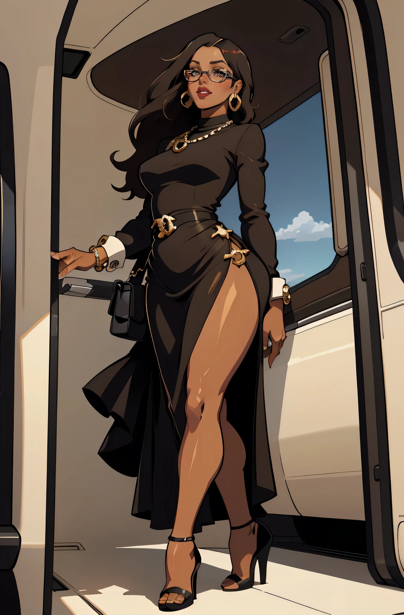 getting on a private jet (a 35 year old woman) brown skin, solo, 1 girl, portrait, african long hair, super detailed, modern style, direct look, full body wearing black chanel dress and chanel sunglasses