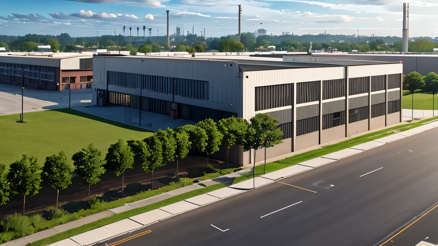 Fabrica, industrial area, depositos, teto de aluminio, fachada de empresa, portas de correr, warehouses in the rear area of the factory, asphalt floor, paving floor, portaria com cancela, on the right a building with a glass facade, area verde em volta, environment with trees and grass, na frente da fachada, cargo trucks wait. Realistic and perfect image in isometric view