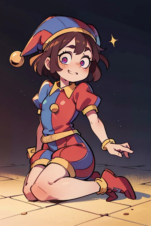 (best quality,highres,masterpiece:1.2),ultra-detailed,(realistic,photorealistic,photo-realistic:1.37),make a jester,pomni,detailed eyes,short hair,colorful costume,playful expression,lively pose,multi-colored hat,small bells on the edges of the hat,sparkling smile,subtle wrinkles around the eyes,rosy cheeks,expressive eyebrows,striking facial features,elaborate patterns on the costume,fine stitching on the fabric,ornate buttons,expressive hand gestures,dynamic body movements,stripe patterns on the sleeves,floral patterns on the collar,whimsical patterns on the pants,traditional jester shoes,curly tips on the shoes,golden embroidery on the shoes,vivid colors,contrasting shades,bright and vibrant palette,soft lighting emphasizing the details,contrasting highlights and shadows,playful and energetic atmosphere.