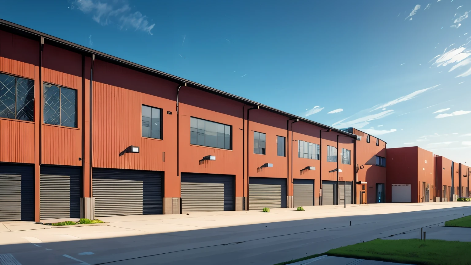 Fabrica, industrial area, depositos, teto de aluminio, fachada de empresa, portas de correr, warehouses in the rear area of the factory, asphalt floor, paving floor, portaria com cancela, on the right a building with a glass facade, area verde em volta, environment with trees and grass, na frente da fachada, cargo trucks wait. Realistic and perfect image in isometric view