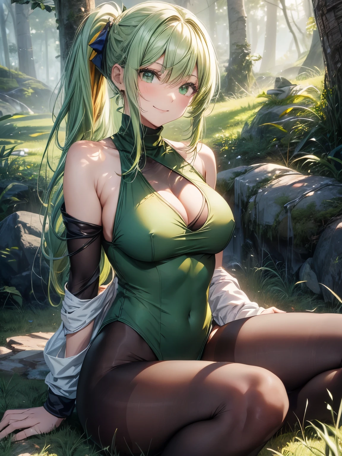 highest quality、complete limbs、full finger、a beautiful human woman、hunter、Archer、((yellow-green haired woman:1.4))、medium hair woman、((ponytail))、big breasted woman:1.5、(((A woman wearing a yellow-green high neck sleeveless leotard:1.3)))、((A woman wearing light brown pantyhose:1.3))、woman wearing a belt around her waist、((A woman wearing a red hairband:1.3))、big smile、grassland、forest、sitting