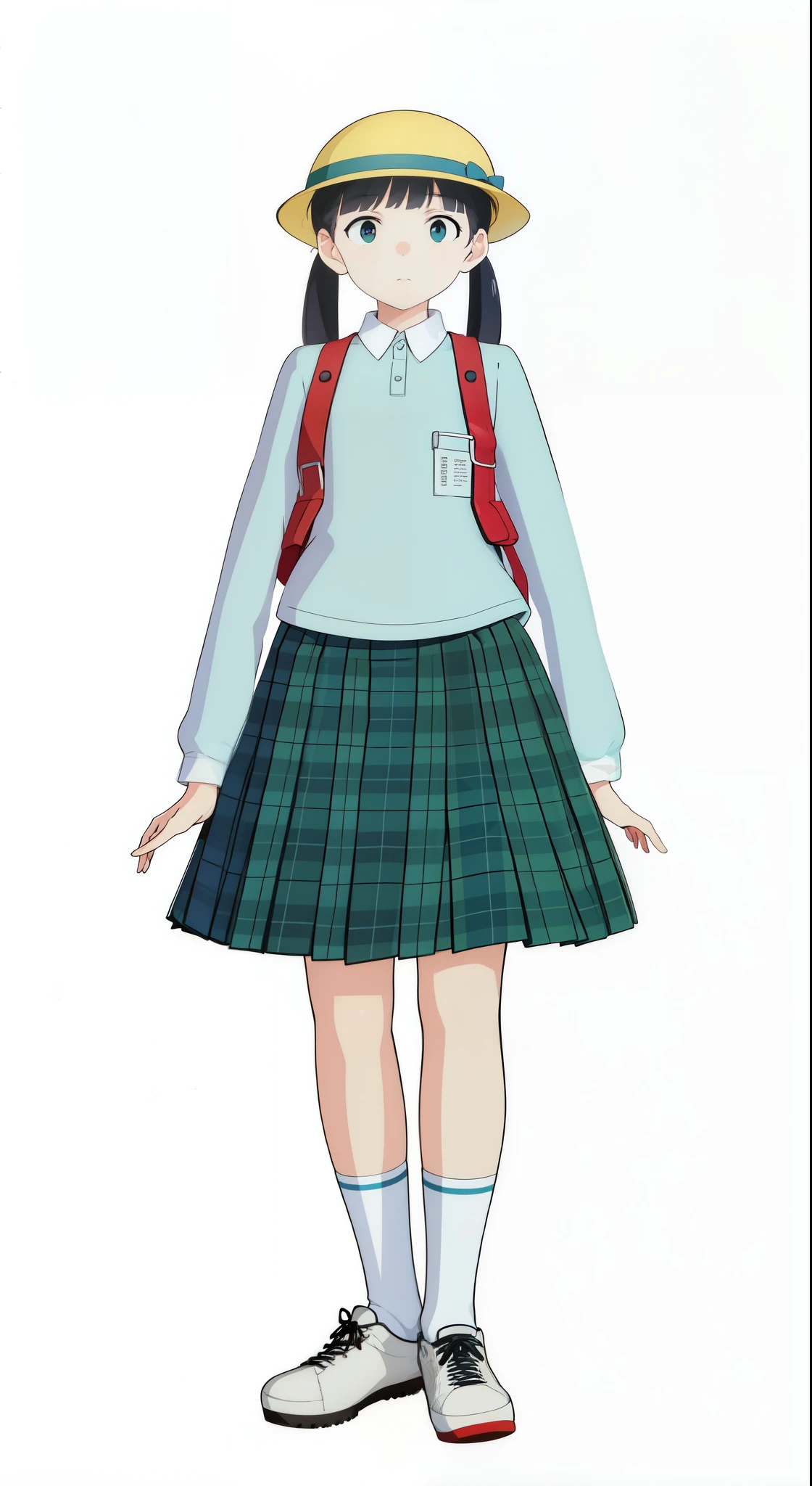(white background:1.0), (best quality:1.0), (masterpiece:1.0), (super fine illustration:1.0), (beautiful artwork:1.0), (anime screencap:1.0), (official art:1.0), (full body:1.0), (solo:1.0), (ESGA:1.0), (a 12yo cute girl:1.0), (green tartan skirt:1.0), (pleated skirt:1.0), (aqua blue polo shirt:1.0), (long sleeve polo shirt:1.0), (sneakers:1.0), (white socks:1.0), (yellow hat:1.0), (red backpack:1.0), (ideal ratio body proportions:1.0), (lanky:1.0), (tall:1.0), (slender:1.0), (small breasts:1.0), (smaller face:1.0), (tareme:1.0), (detailed beautiful eyes:1.0), (detailed beautiful face:1.0), (glowing black eyes:1.0), (black hair:1.0), (low twintails:1.0), (standing:1.0), (looking at viewer:1.0)